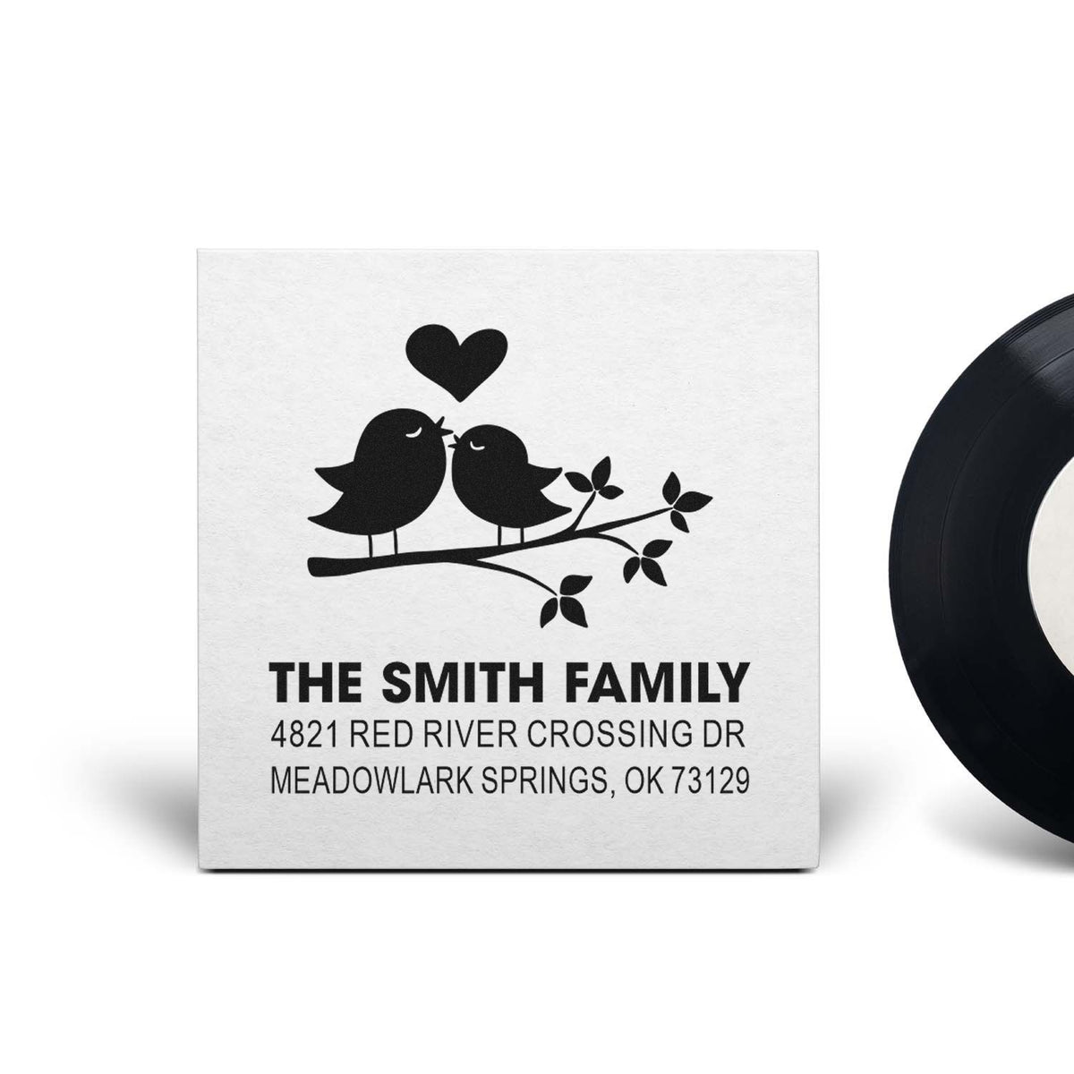 Custom return address rubber stamp with kissing birds and heart design, personalized for The Smith Family at Meadowlark Springs, OK 73129