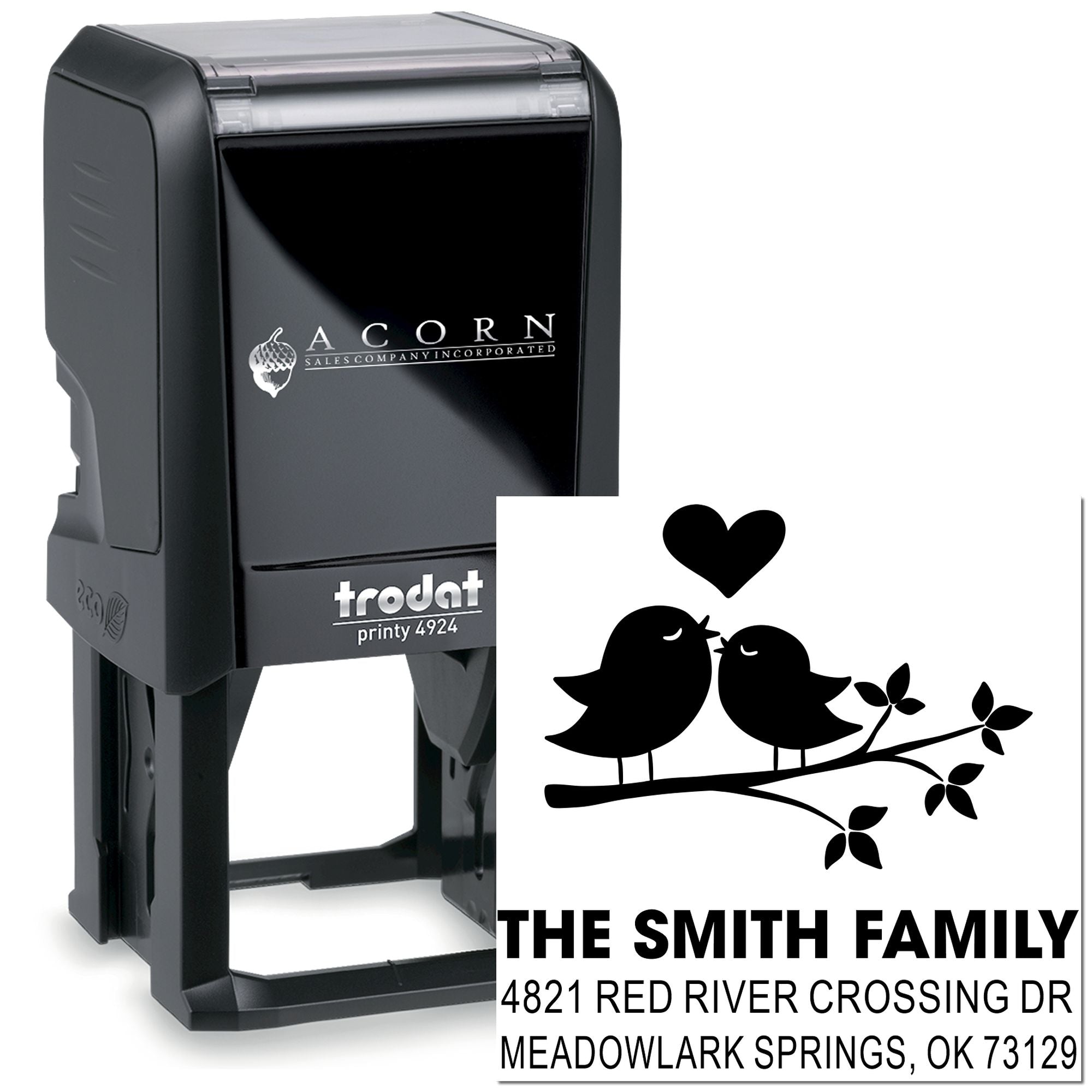 Custom self-inking rubber stamp, Trodat Printy 4924, with birds and heart design for personalized family return address labeling and mail.