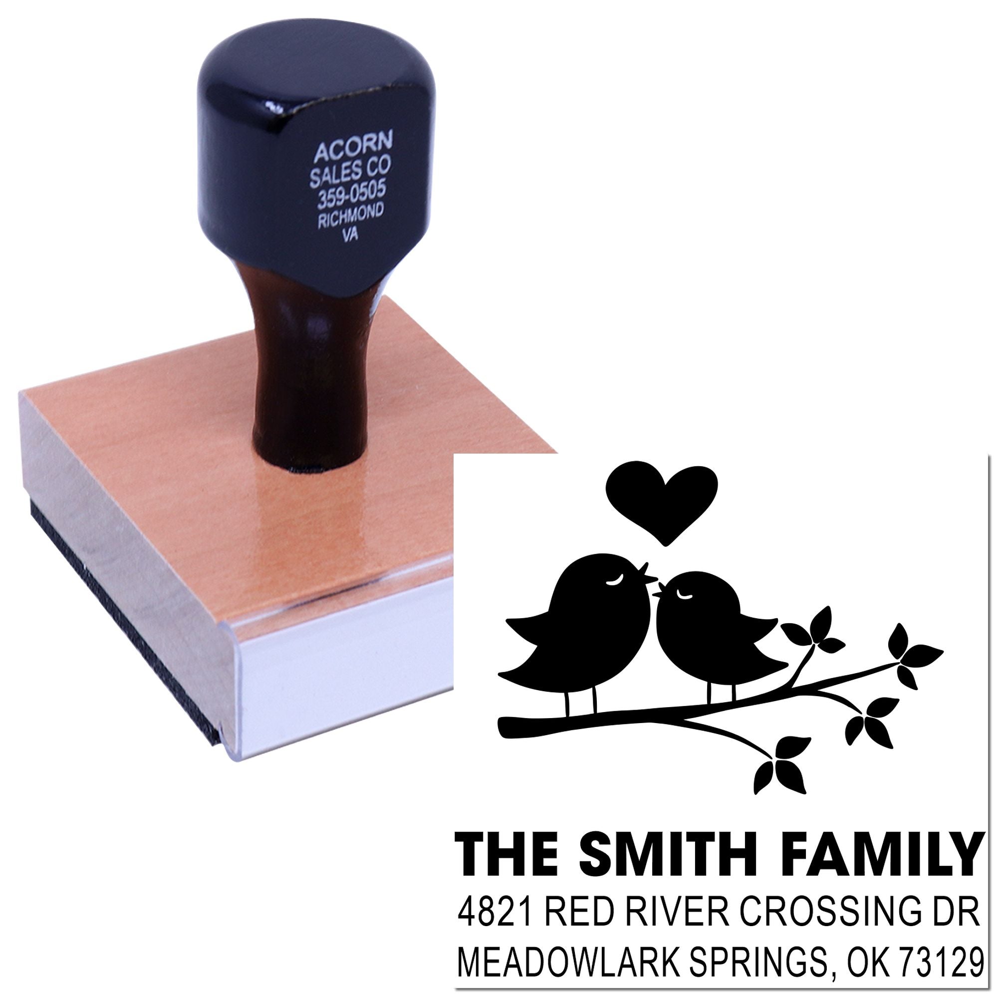 Custom rubber address stamp with birds and heart design, personalized family name and mailing address for return envelopes.