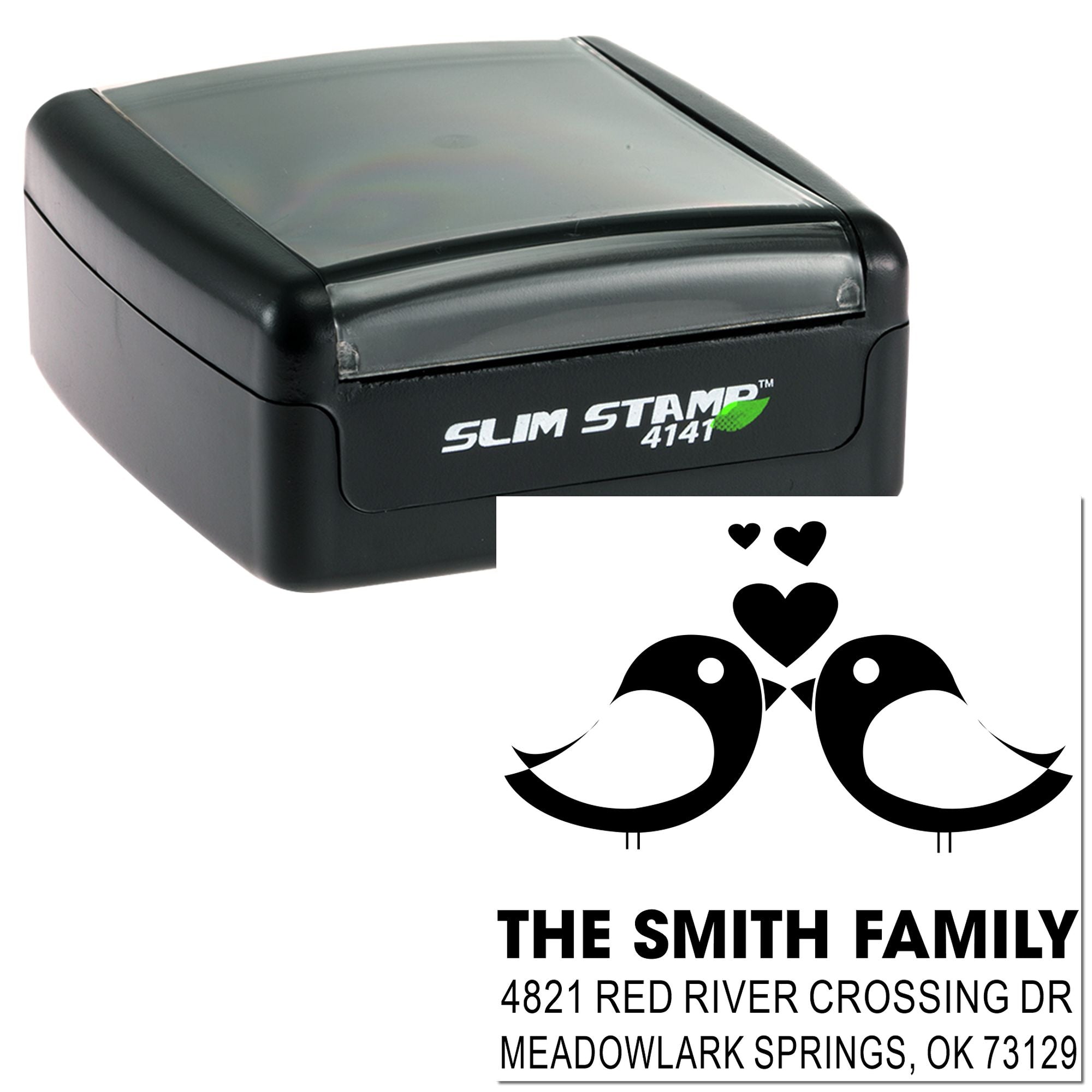 Custom Slim Stamp 4141 self-inking rubber stamp with bird and heart design, personalized family return address stamp for mailing envelopes.
