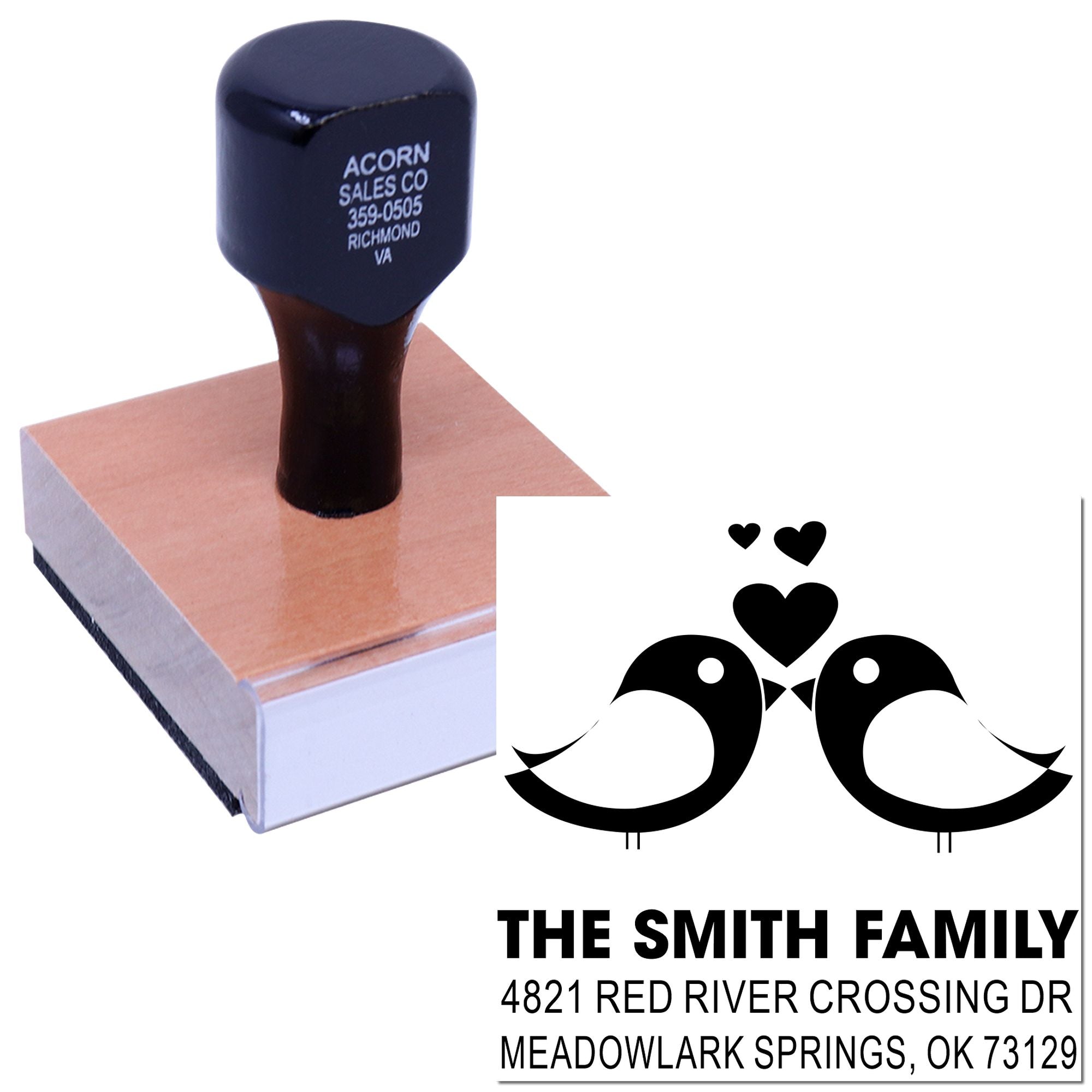 Custom self-inking rubber stamp with bird and heart design, personalized family address stamp for wedding invitations, cards, and stationery