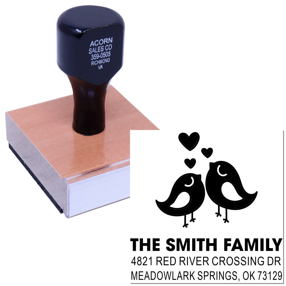 Custom rubber stamp with bird family design and return address imprint for personalized mailing, wedding stationery, and craft projects
