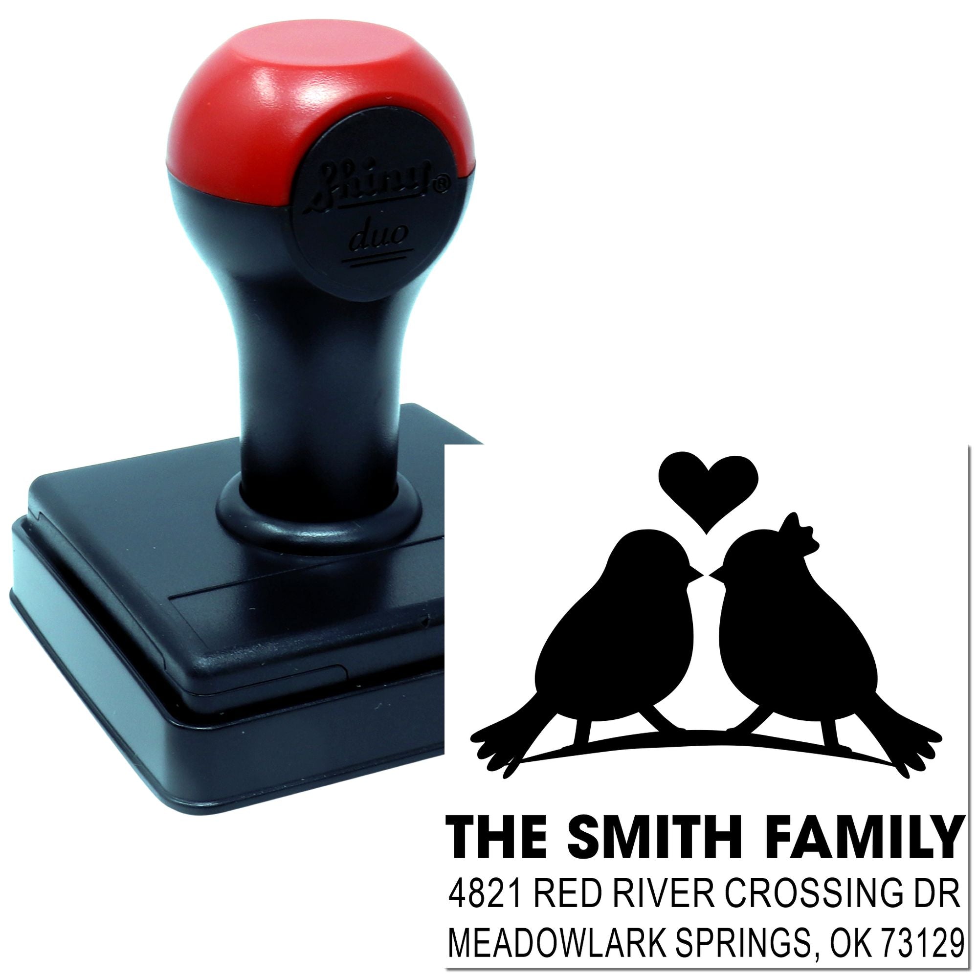 Custom self-inking rubber address stamp with two birds and heart design, personalized family name and return address for envelopes