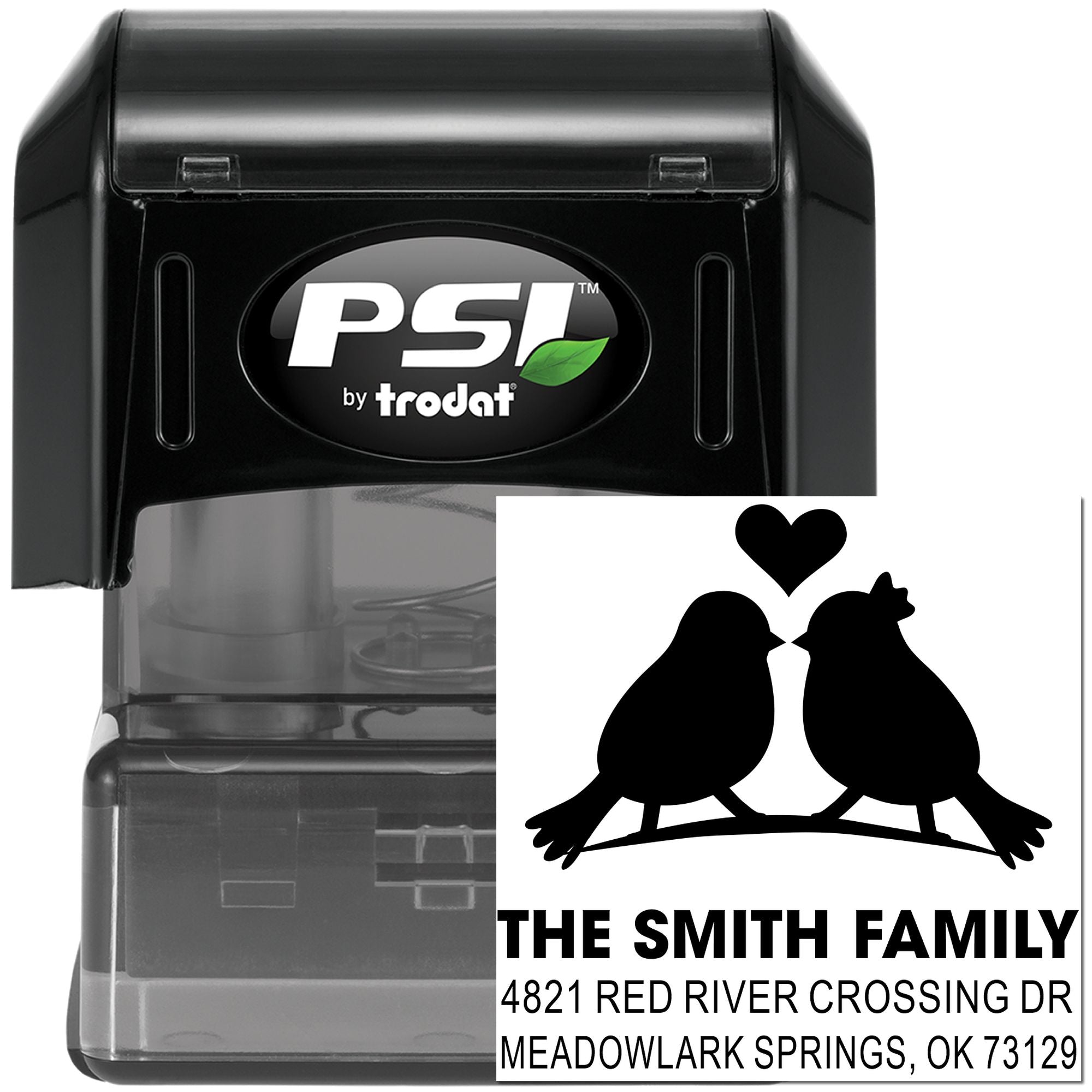 Custom self-inking PSI by Trodat rubber stamp with birds and heart design for personalized family return address and mailing labels.