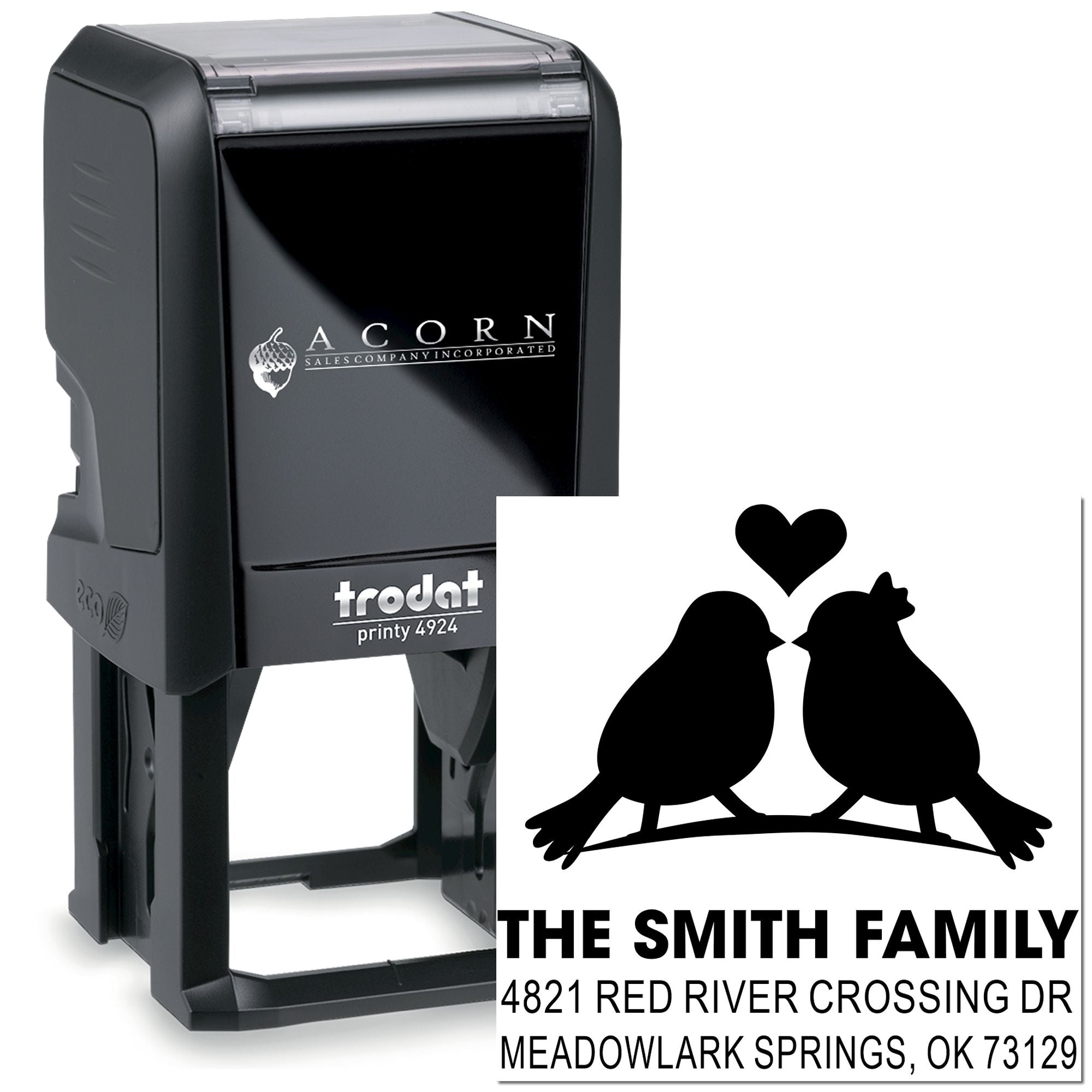 Custom self-inking Trodat Printy 4924 rubber stamp with birds and heart design, personalized family address stamp for mailing envelopes and home use