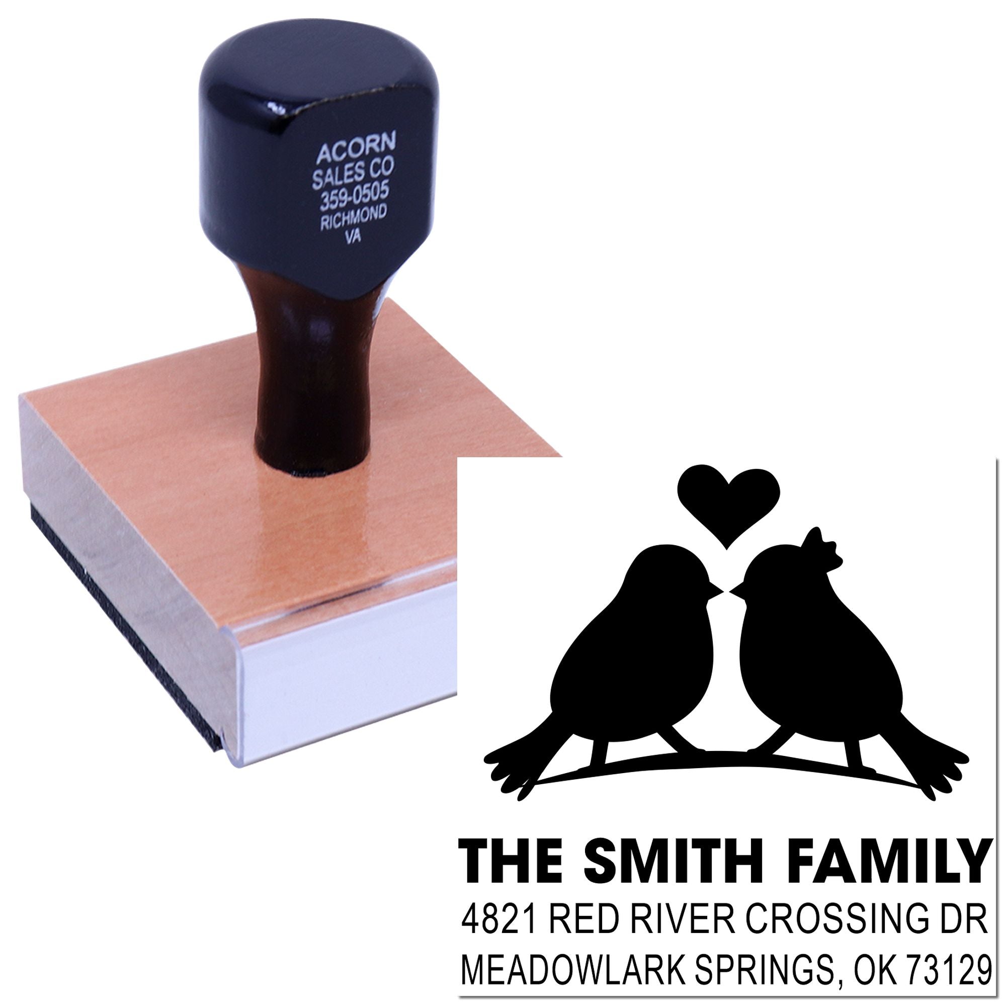 Custom rubber stamp with bird family design, heart icon, and personalized address for mailings, crafts, weddings, and family correspondence.