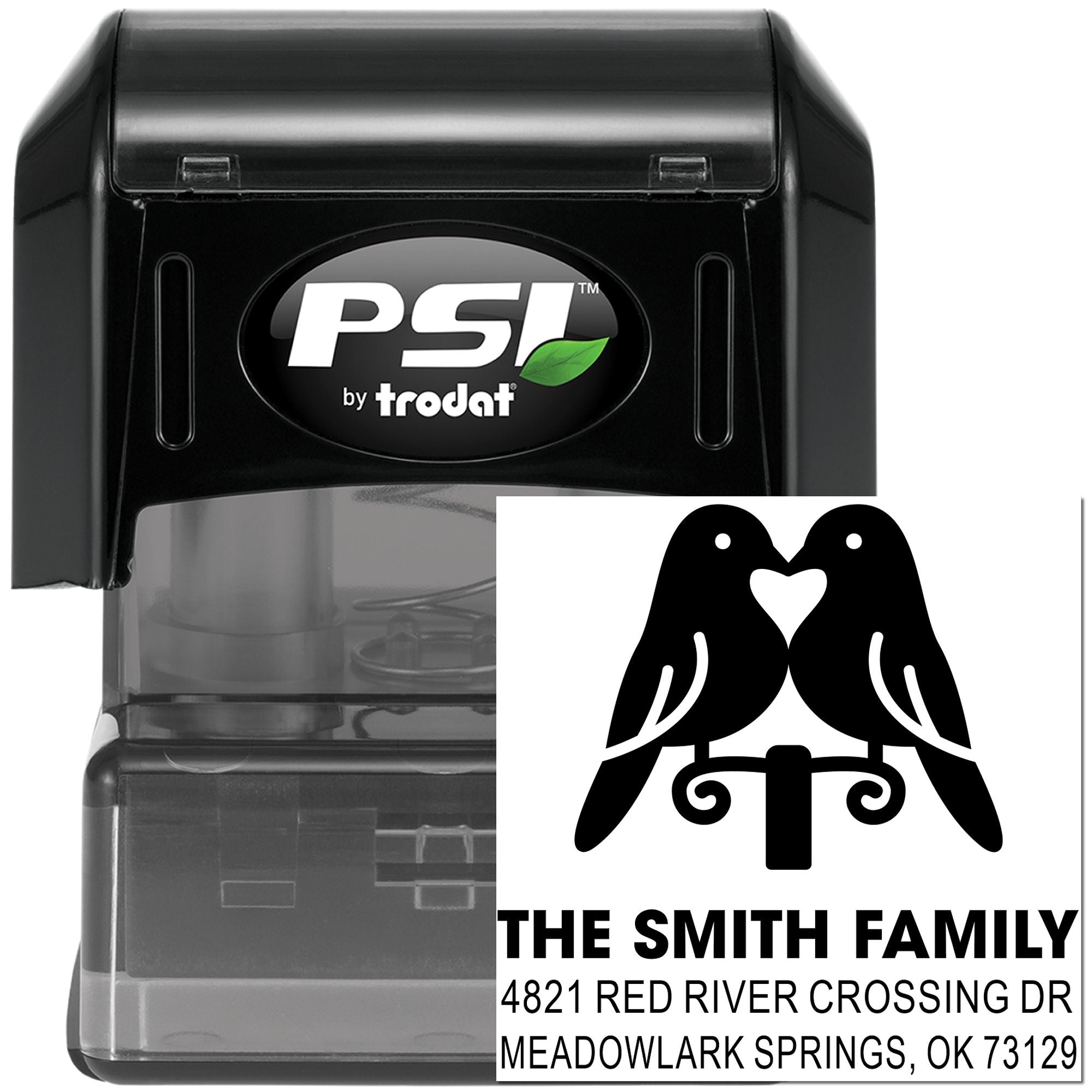 PSI by Trodat self-inking custom rubber stamp with bird monogram design, family name, and mailing address for personalized use