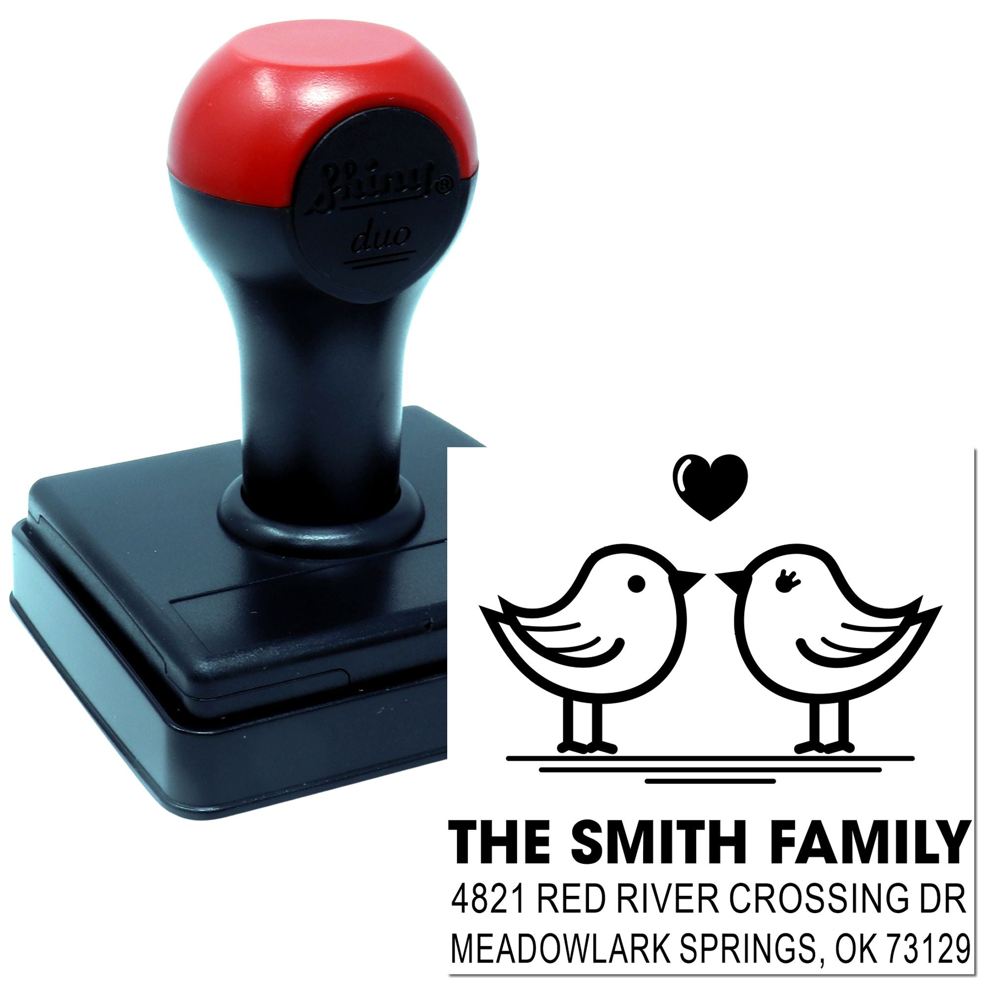 Custom self-inking rubber stamp with lovebirds design, The Smith Family name and address, personalized return address stamp for home or wedding use