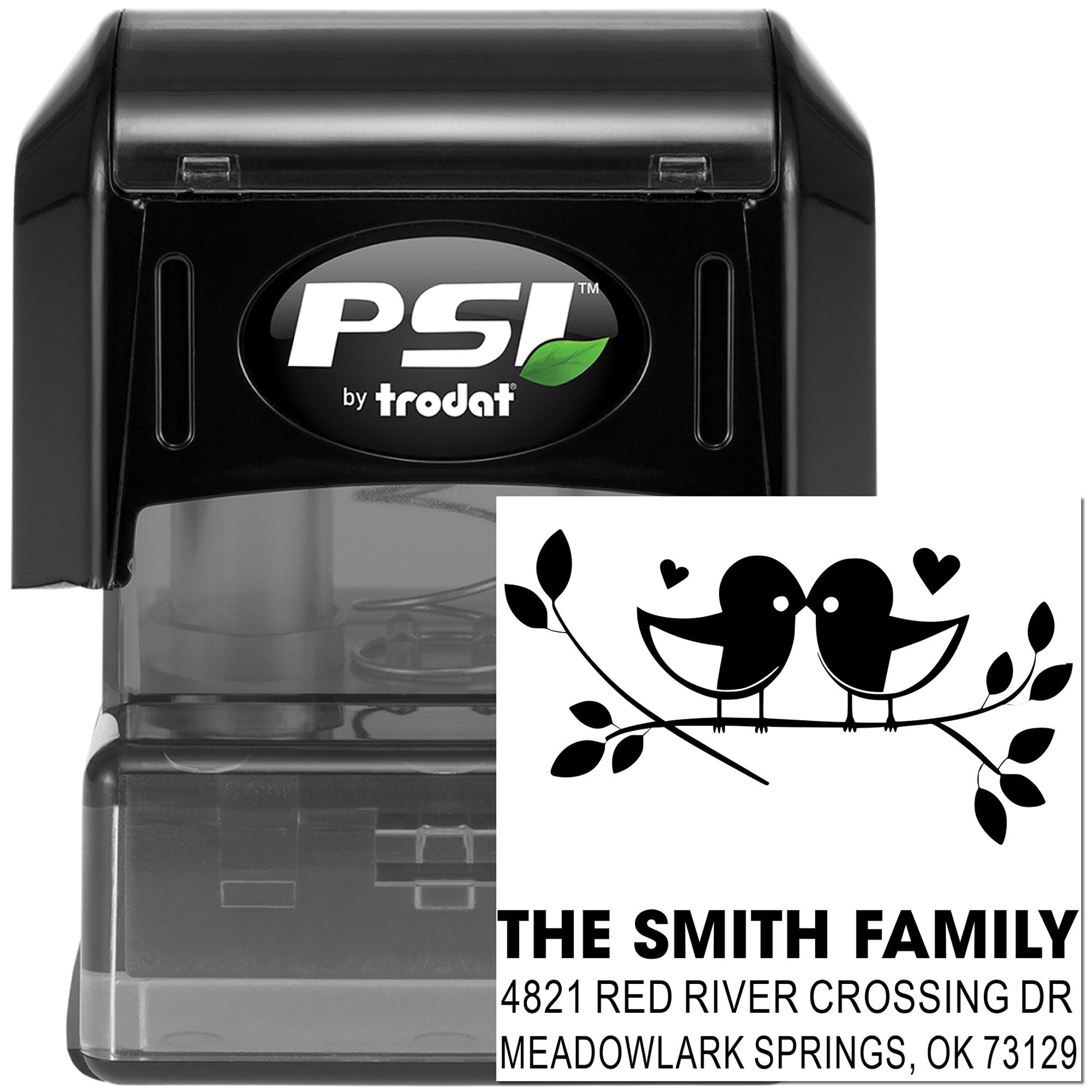 Personalized self-inking rubber stamp with bird couple design and custom family return address, PSI by Trodat, ideal for mail, envelopes, and gifts