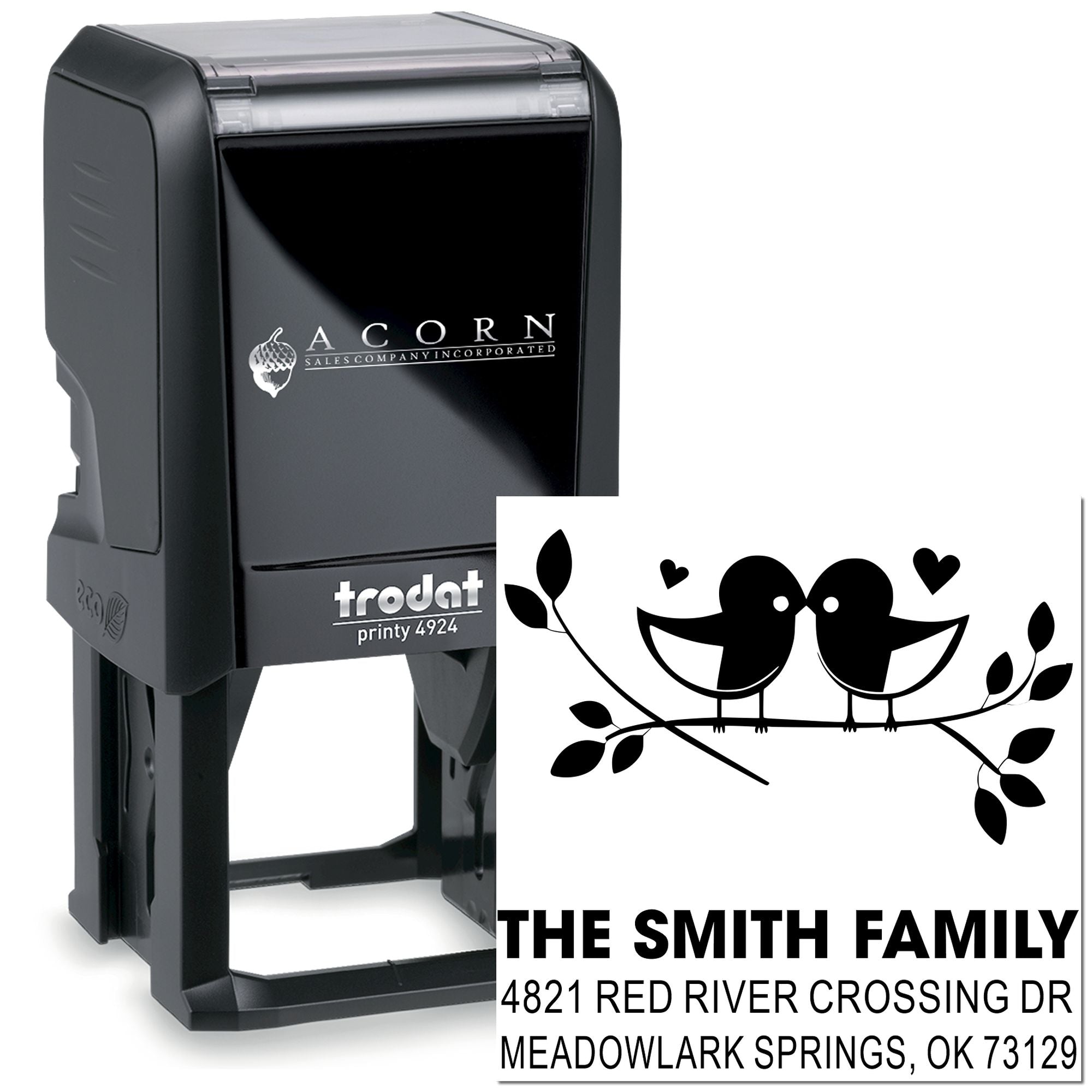 Trodat Printy 4924 self-inking custom rubber stamp with family name, address, and birds design for personal mail, crafts, and stationery