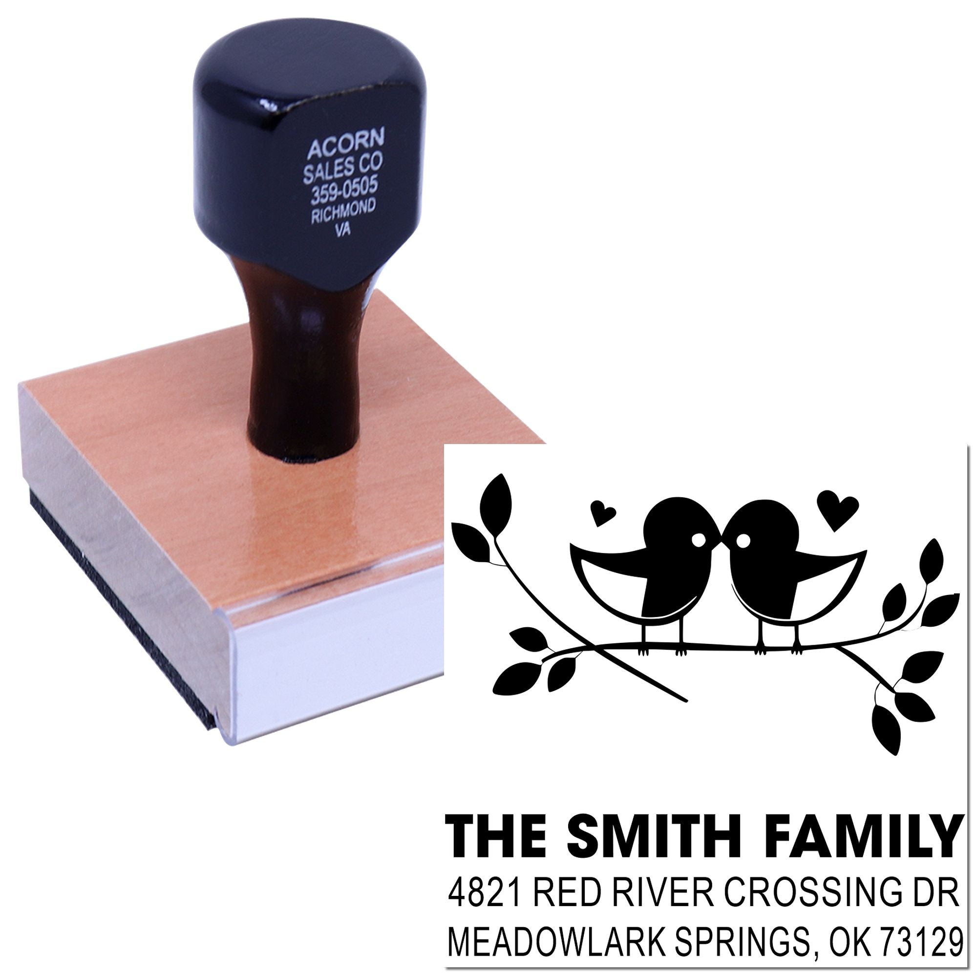 Custom self-inking rubber stamp with birds and branch design, personalized family return address stamp for mailing envelopes, cards, and gifts