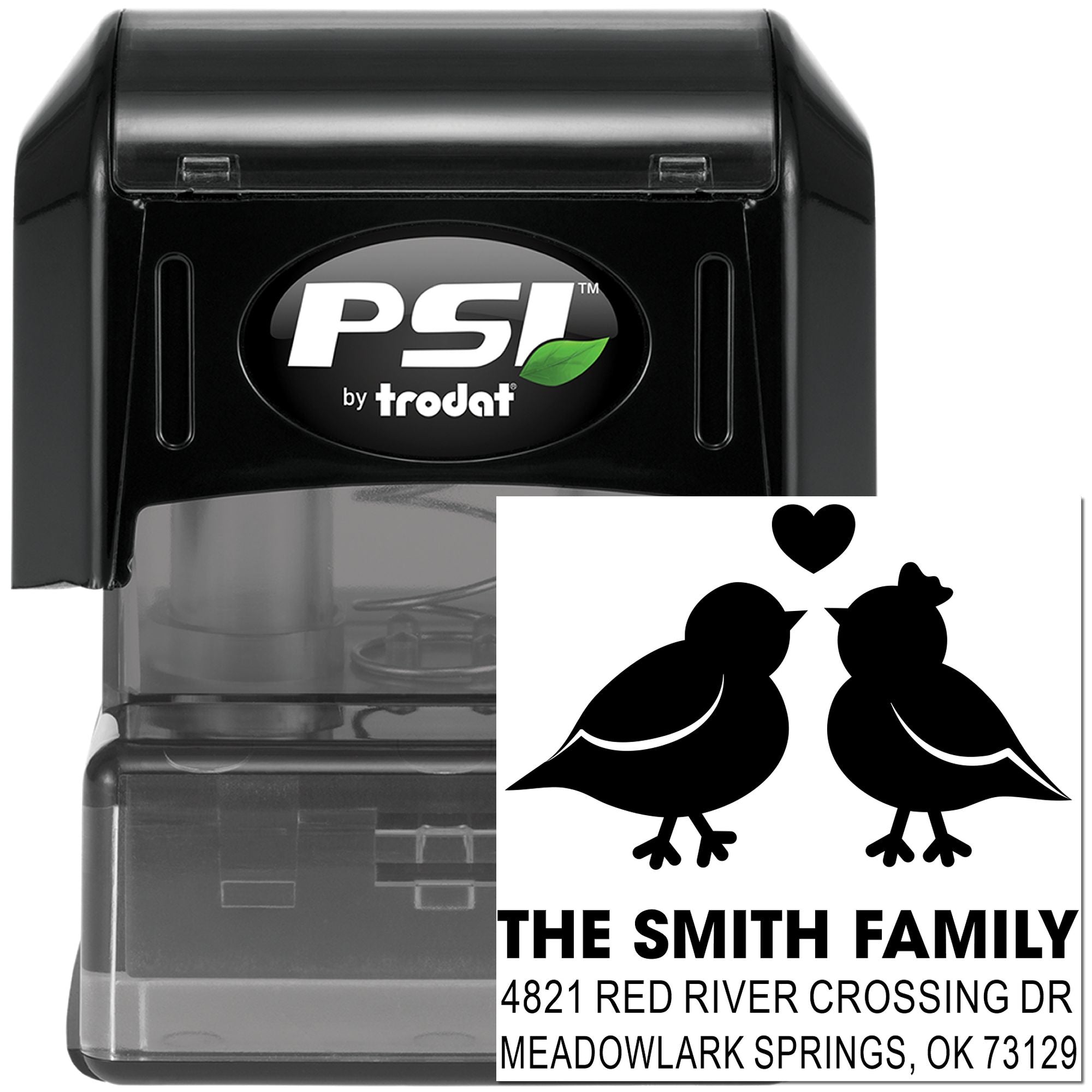 PSI by Trodat custom self-inking address stamp with bird couple design, family name, and return mailing address for personalized rubber stamp use.