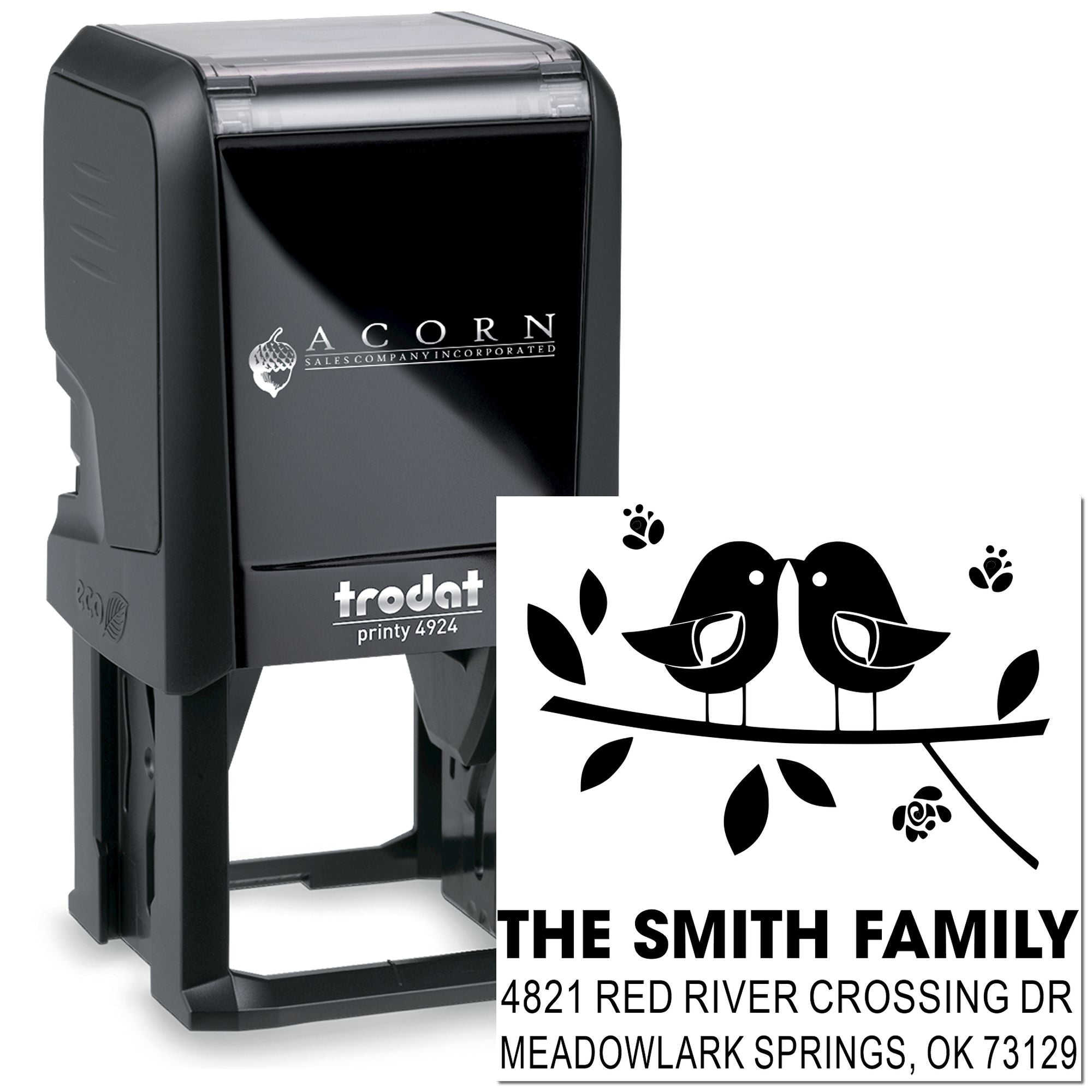 Custom self-inking rubber stamp with bird family design, personalized return address, Trodat Printy 4924 office stamp for mailing and envelopes.