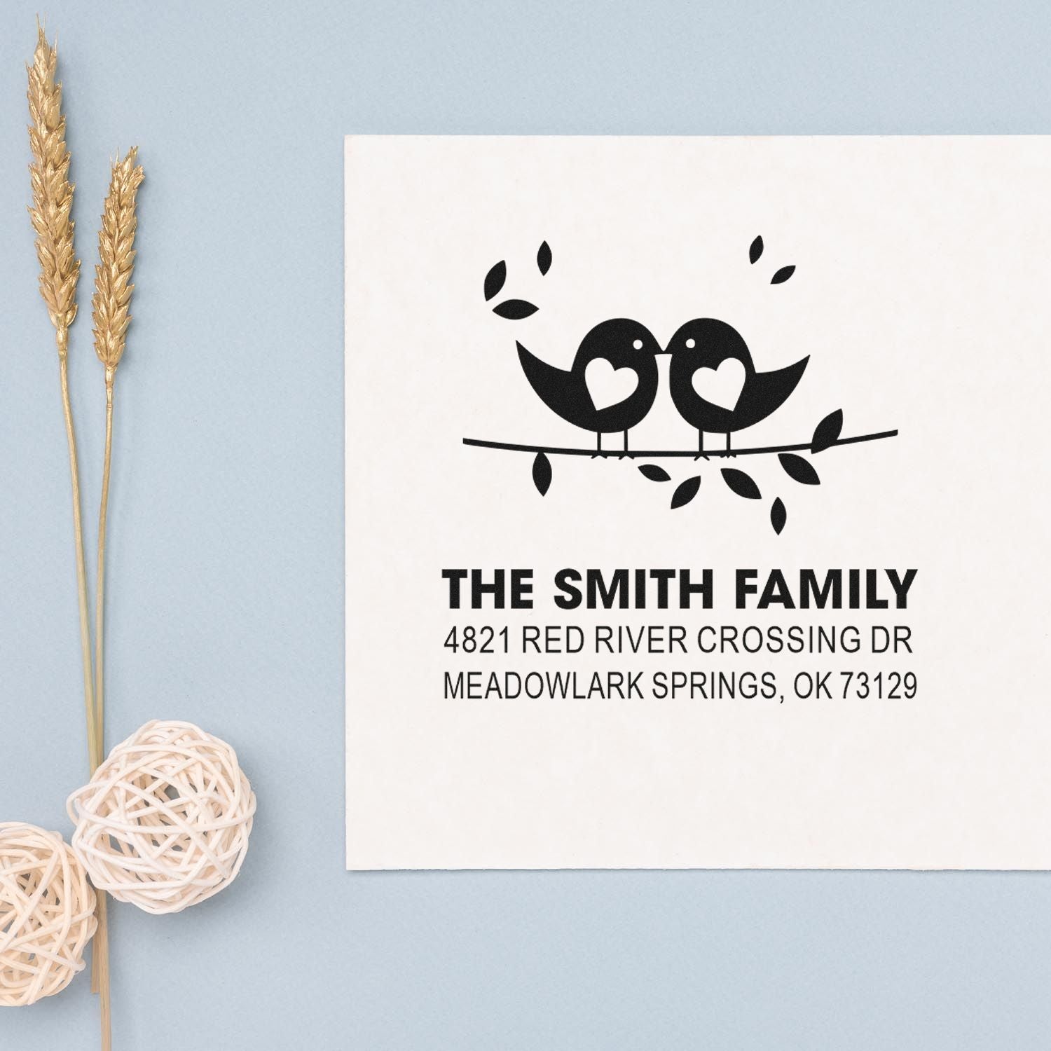 Custom rubber address stamp with lovebird design, The Smith Family name and Meadowlark Springs, OK address for weddings, gifts, and stationery.