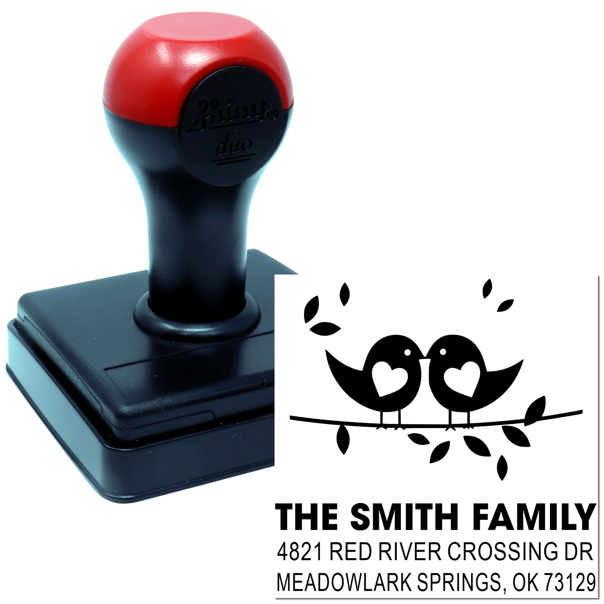 Custom self-inking rubber address stamp with lovebirds design, personalized return address for The Smith Family, Meadowlark Springs, OK for envelopes