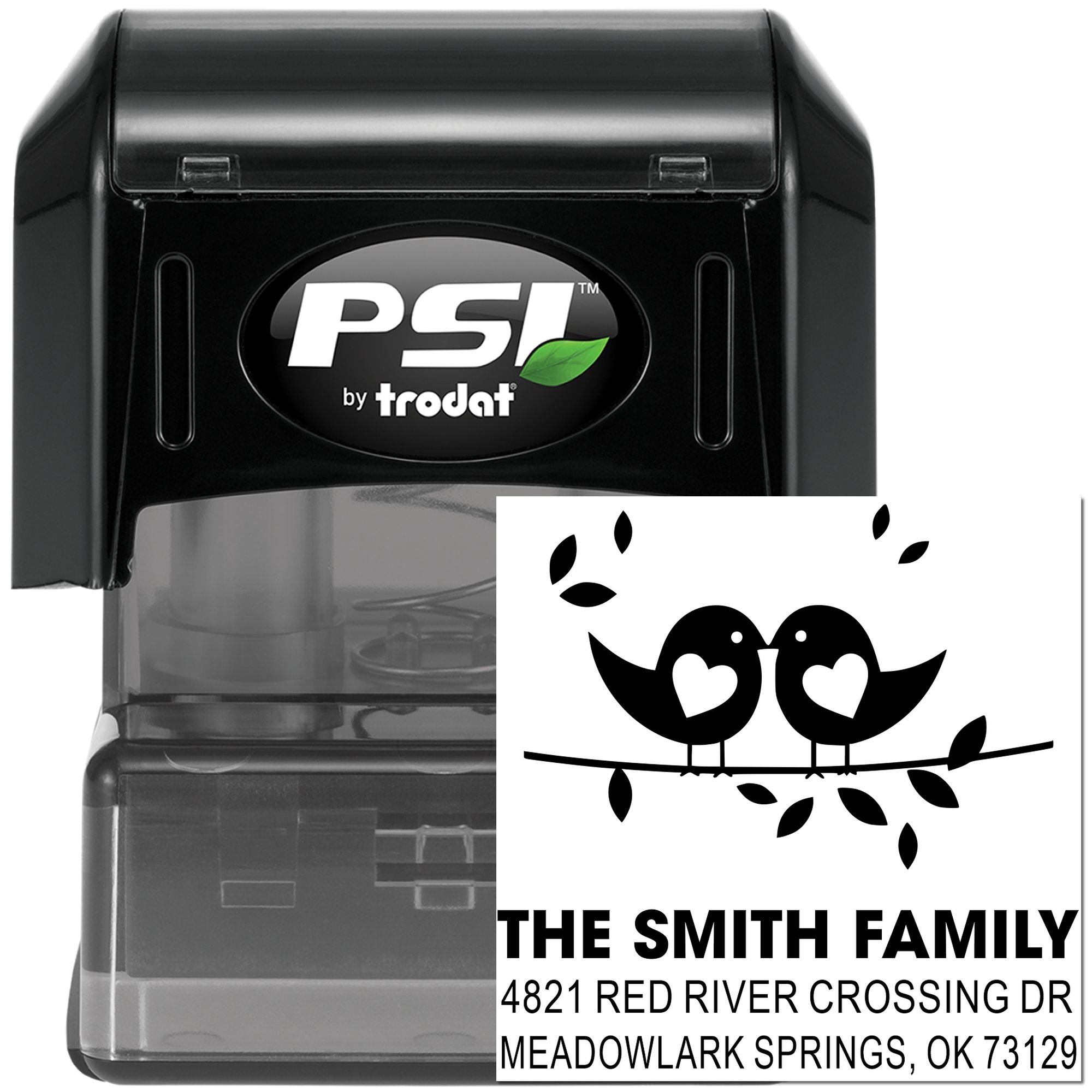 Custom self-inking address stamp with lovebirds design, personalized family name and return address for mailing, weddings or home office use.