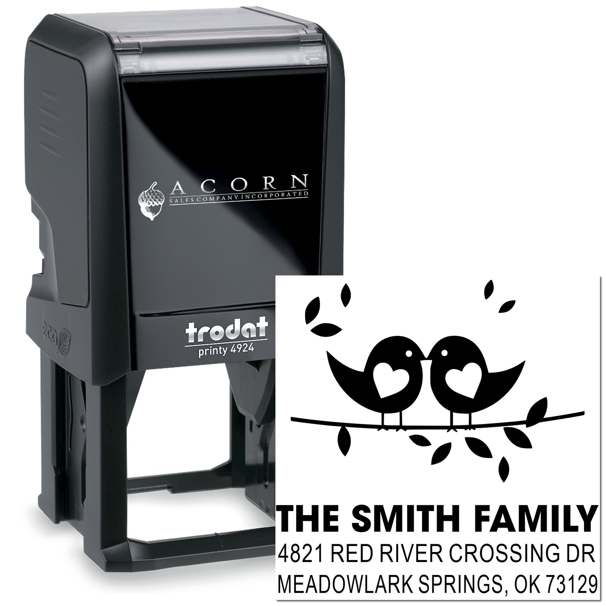 Custom self-inking Trodat Printy 4924 rubber stamp with bird couple design, family name, and return address for personalized mailing labels