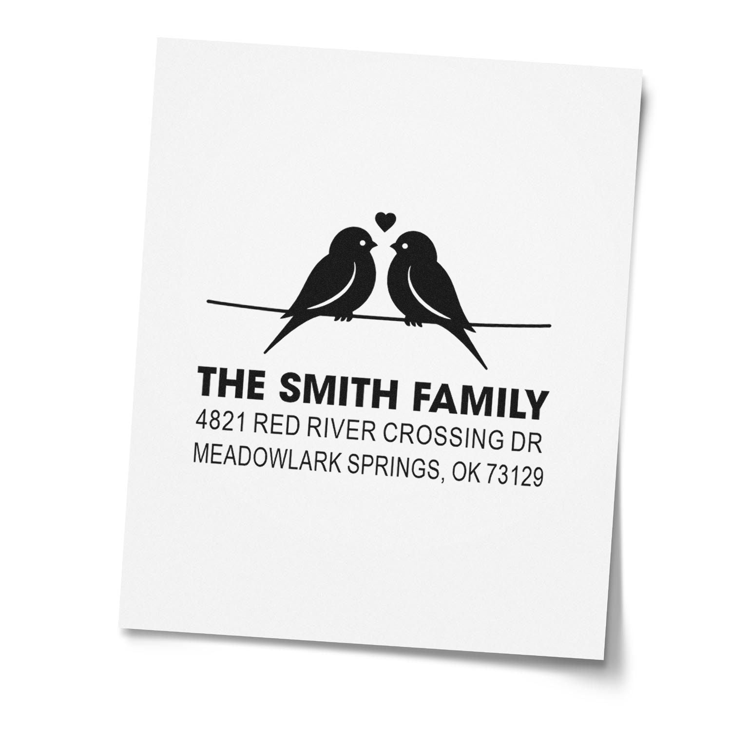 Custom return address rubber stamp with two birds and heart design, personalized family name and address for weddings, mailings, and home use.