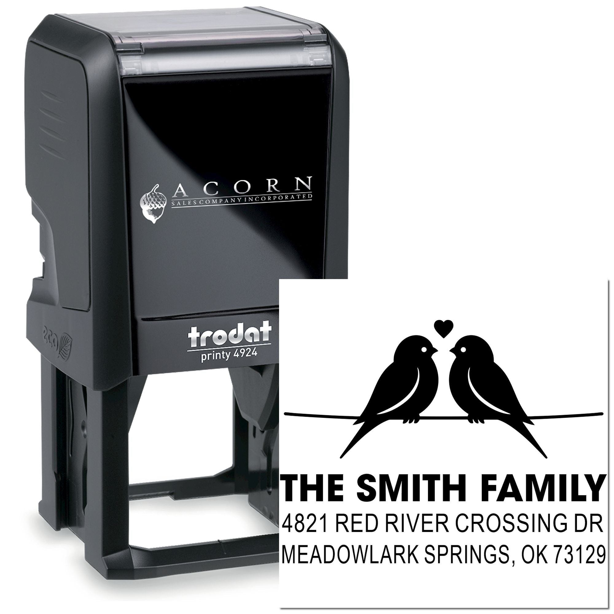 Custom Trodat Printy 4924 self-inking rubber stamp with birds and family address design, ideal for personalized mailing and home correspondence