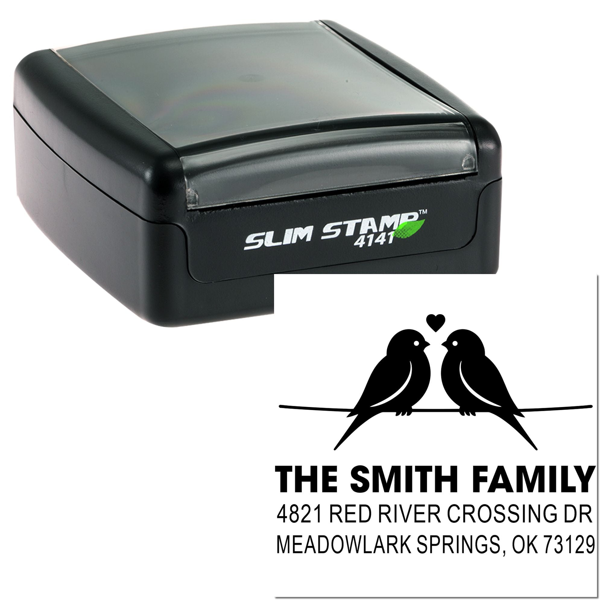 Slim self-inking rubber stamp with personalized return address design, featuring bird motif, The Smith Family name, and Meadowlark Springs address