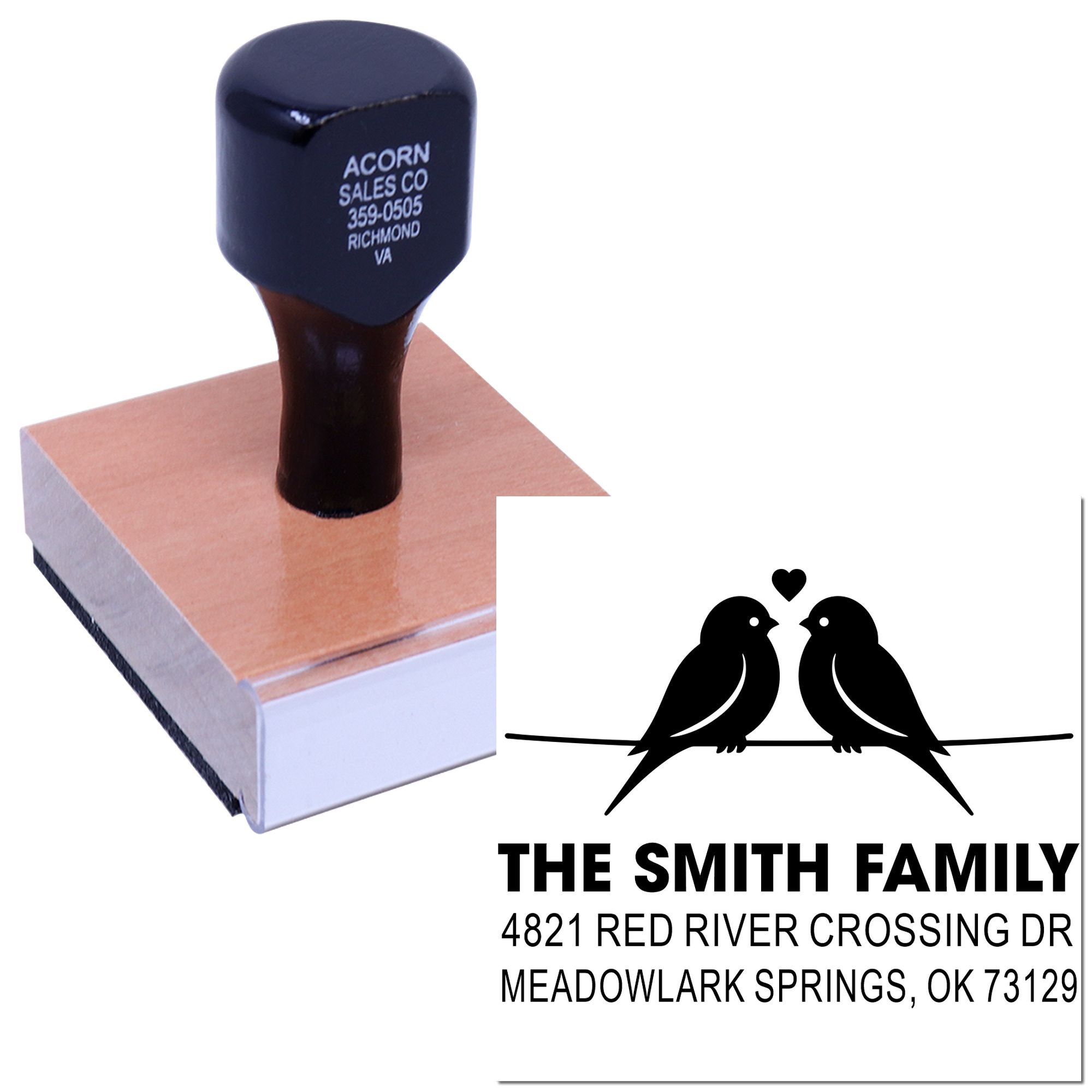 Custom rubber stamp with birds and heart design, personalized family return address stamp for weddings, envelopes, and everyday mailing use