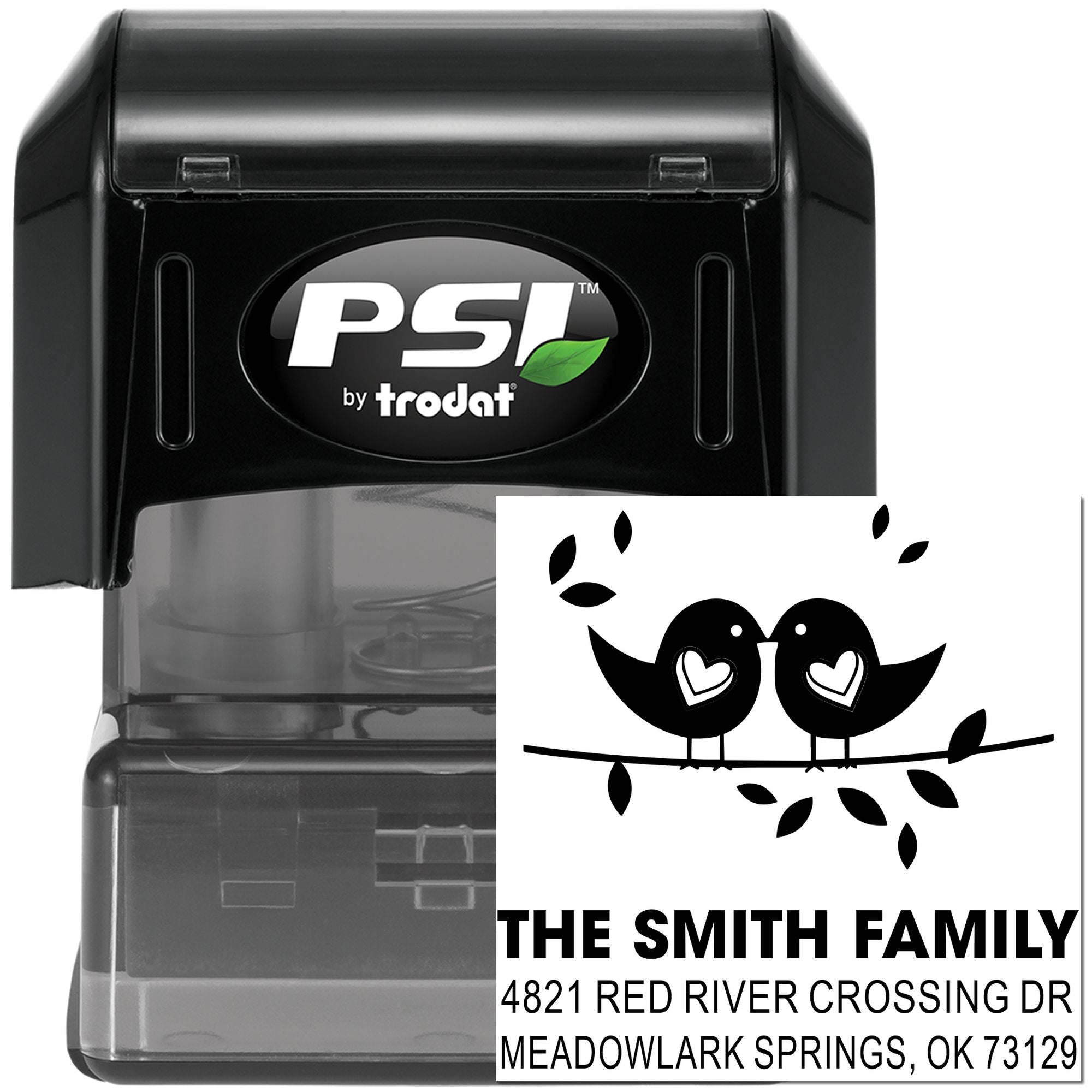 PSI by Trodat self-inking rubber stamp with custom bird family address design, black stamp body, personalized home return address imprint