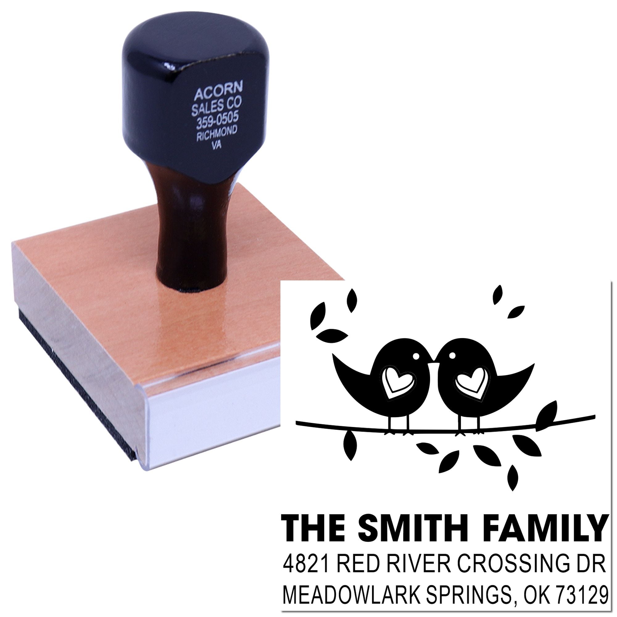 Custom self-inking rubber address stamp with lovebirds, personalized family name, street address and city, state ZIP for mailing and weddings.