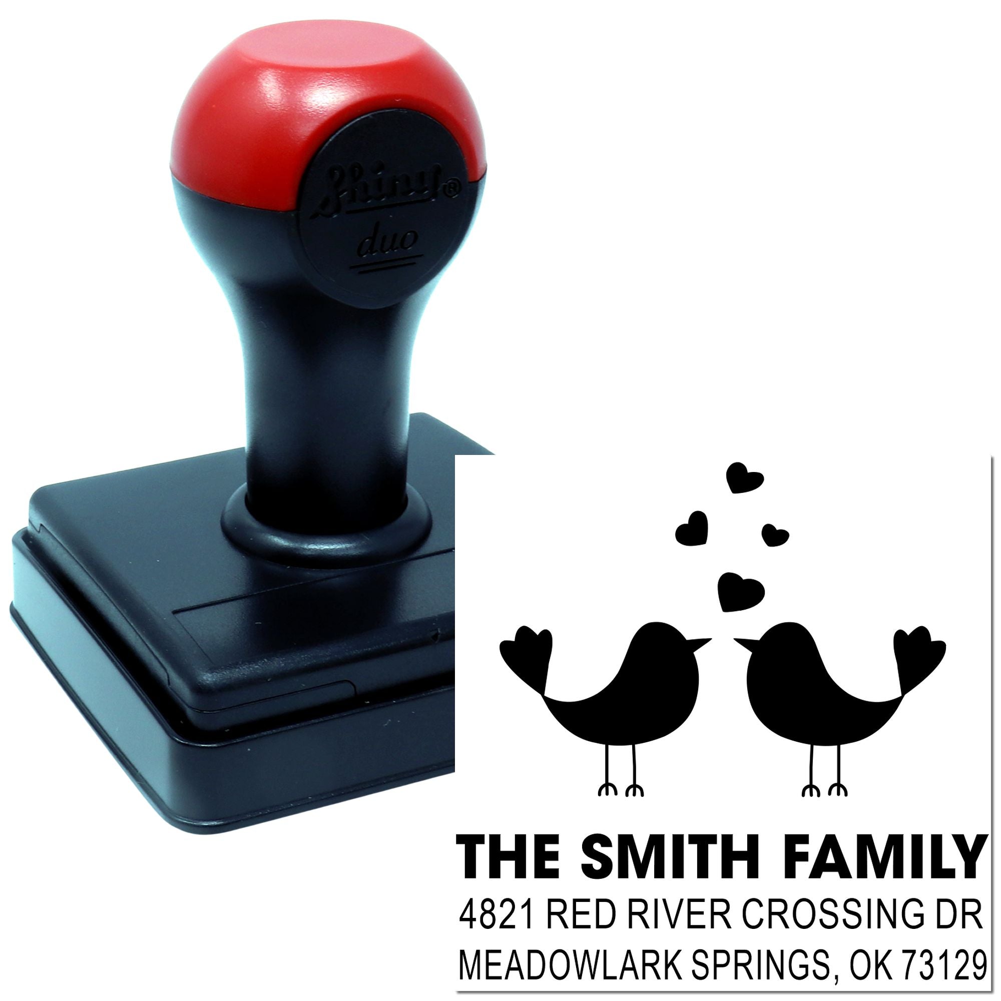 Custom self-inking rubber stamp with birds and hearts design, personalized family return address stamp for wedding invitations, cards and home mailings