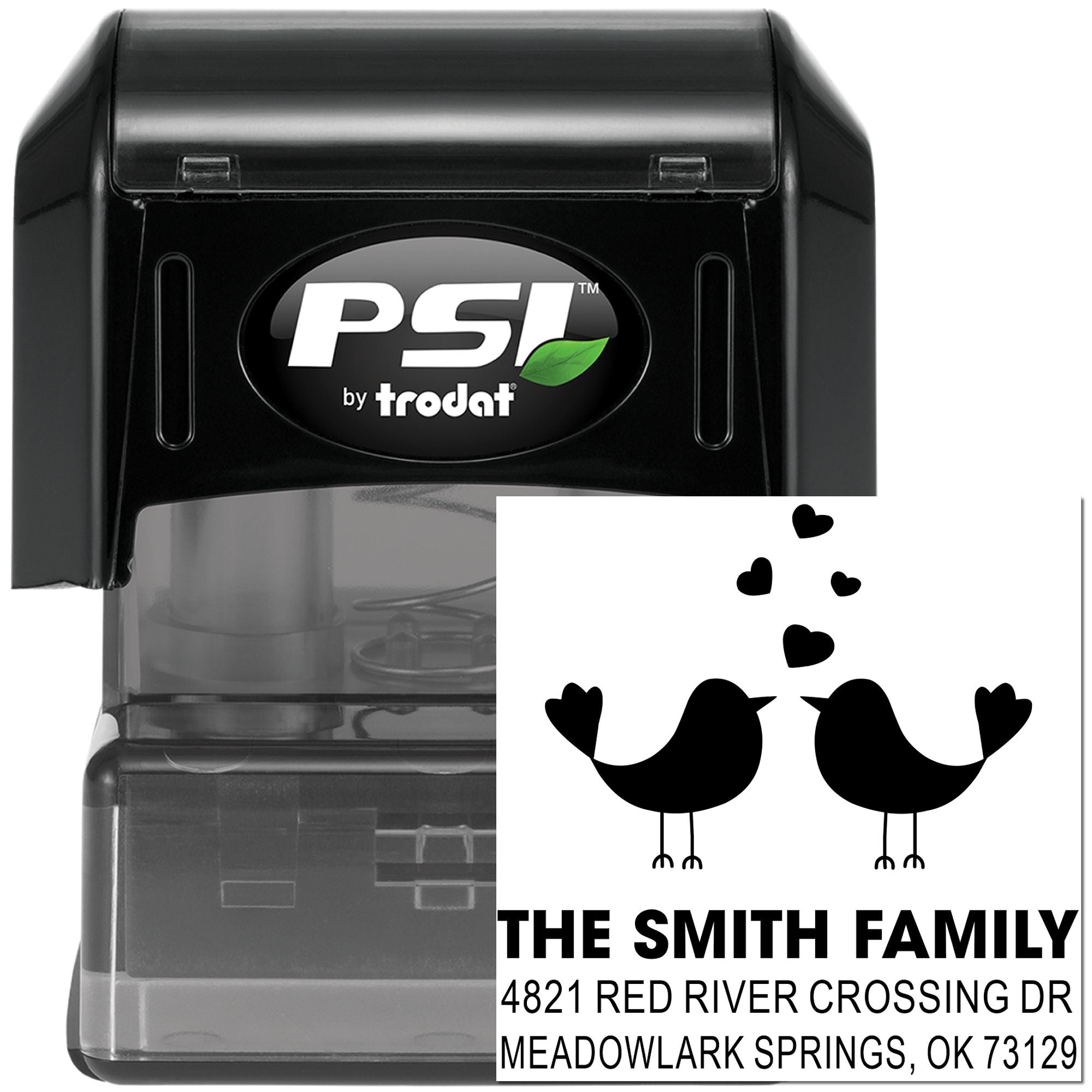 PSI by Trodat self-inking custom address rubber stamp with birds and hearts design, personalized for The Smith Family in Meadowlark Springs, OK