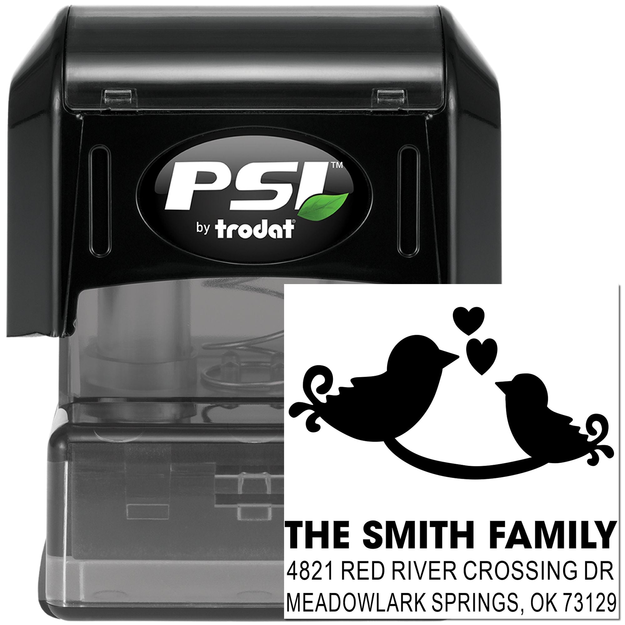 PSI by Trodat self-inking custom rubber stamp with bird and heart design, personalized family name and return address for envelopes and cards