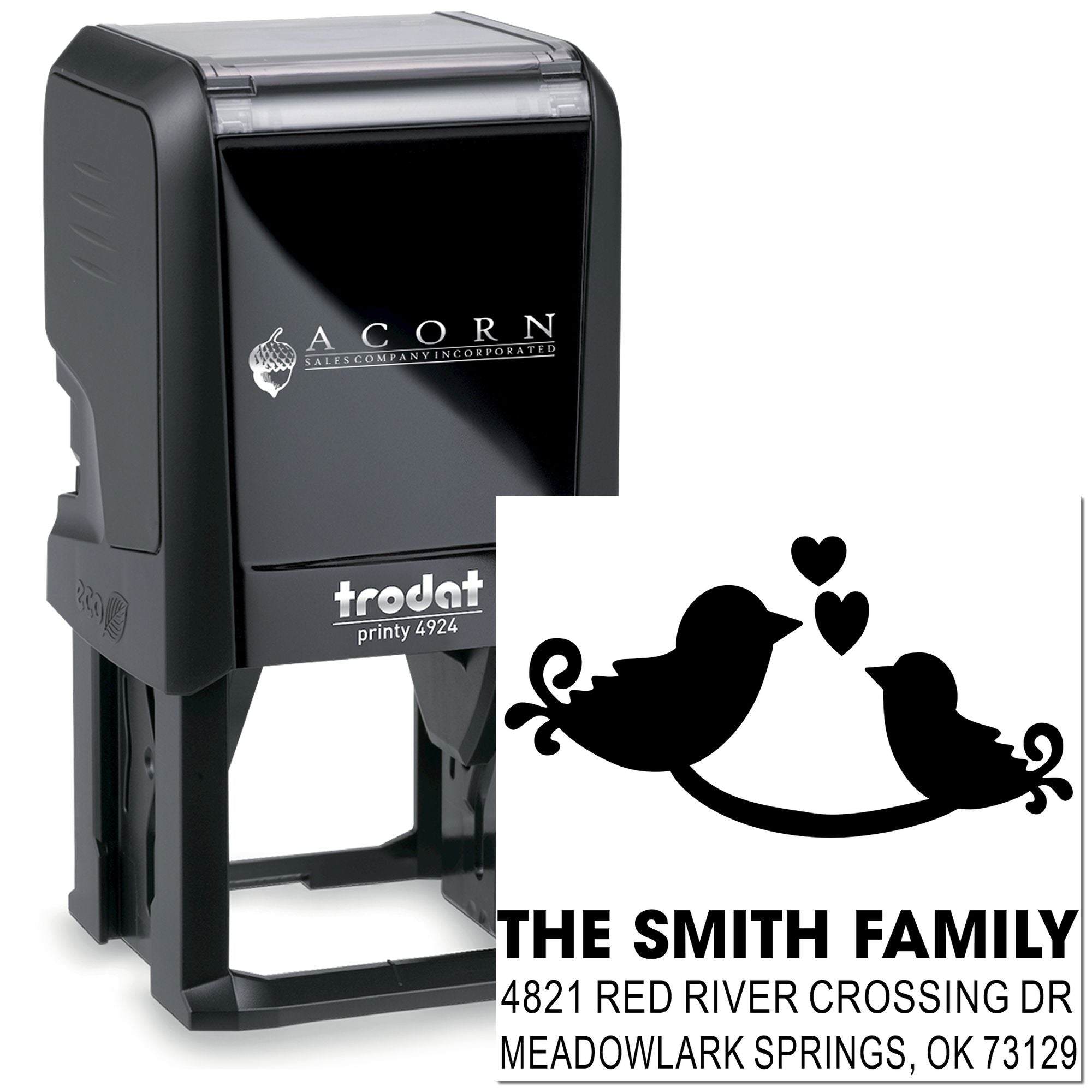 Custom Trodat Printy self-inking rubber address stamp with bird and hearts design, personalized family name and return address for mailing envelopes.