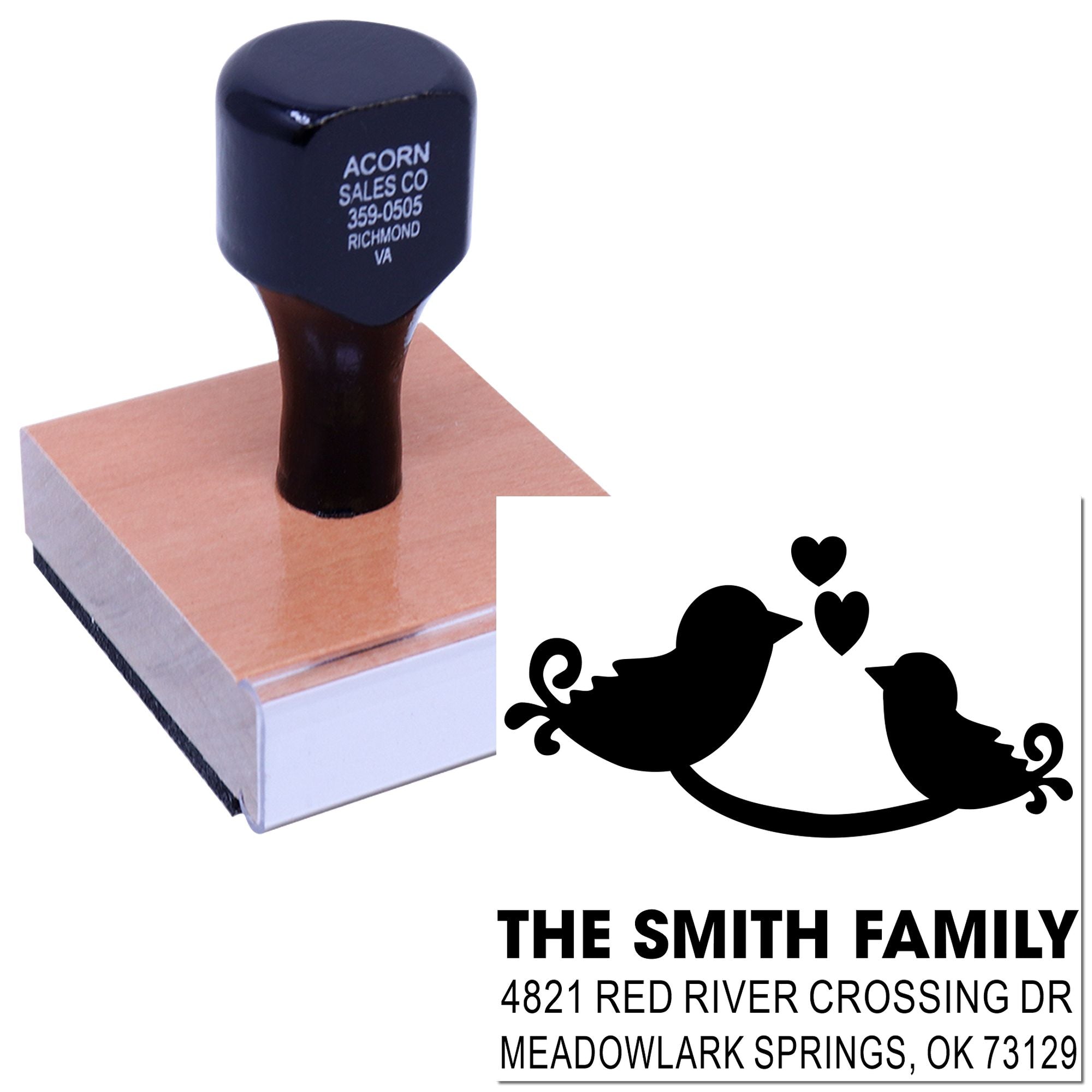 Custom rubber address stamp with bird and heart design, personalized family name and return address for envelopes, weddings, and home use.