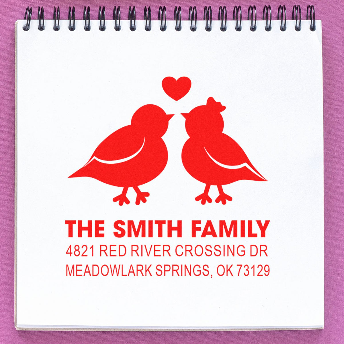Personalized custom self-inking return address rubber stamp with two lovebirds and heart, The Smith Family, Meadowlark Springs, OK 73129