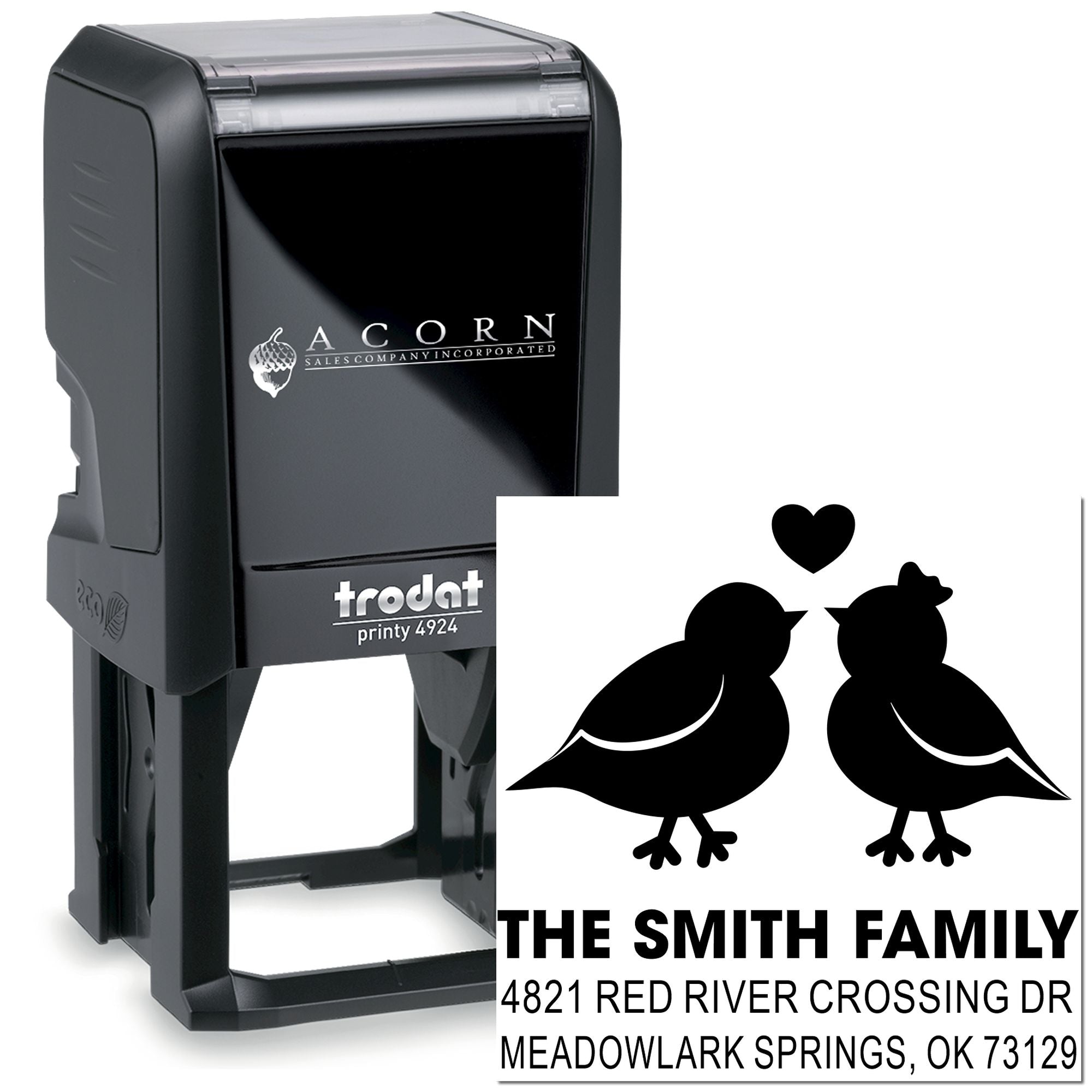 Custom Trodat Printy 4924 self-inking address rubber stamp with birds and family name for personalized mailing, crafts, and home use