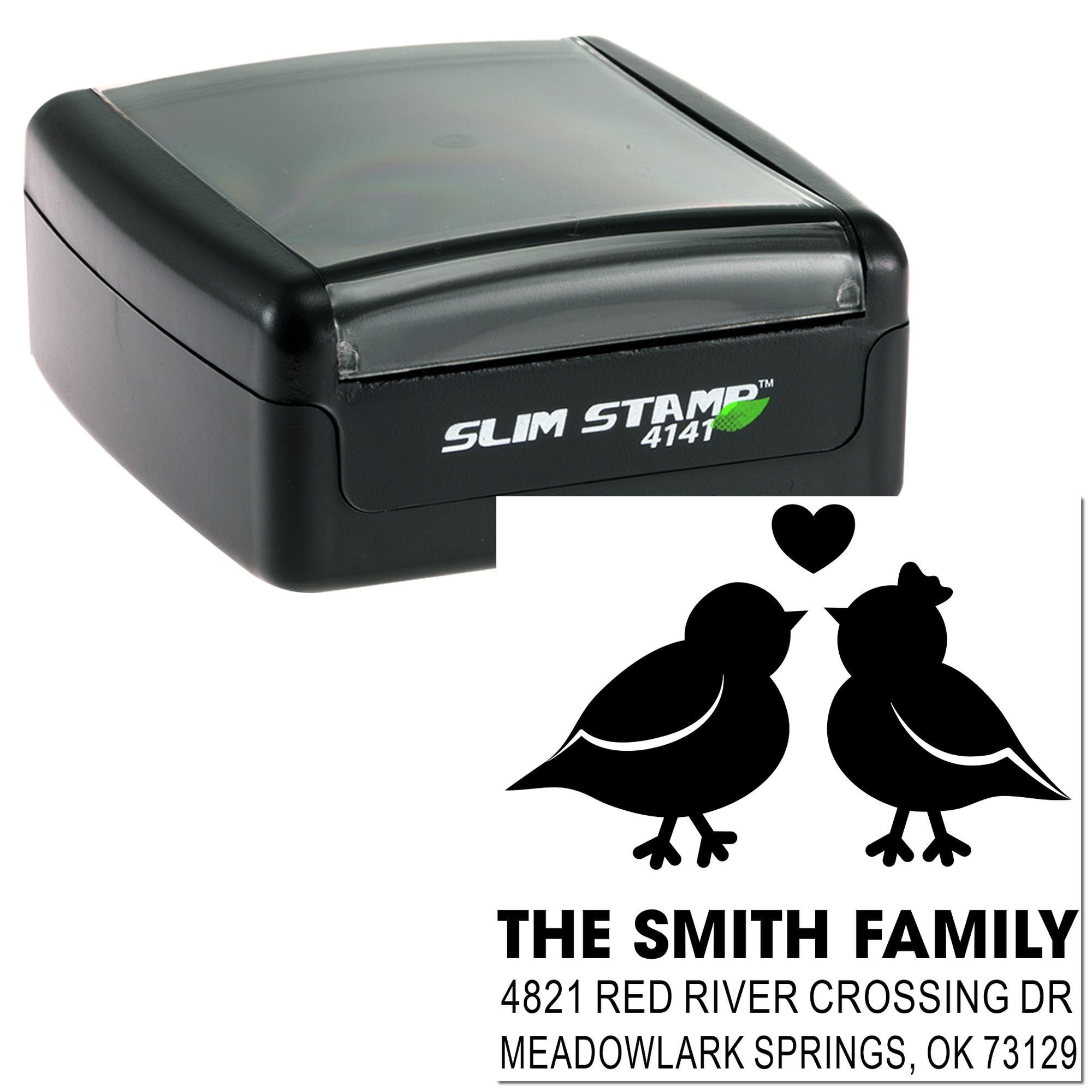 Custom Slim Stamp 4141 rubber stamp with bird and heart design, personalized Smith Family address stamp for return mail and stationery