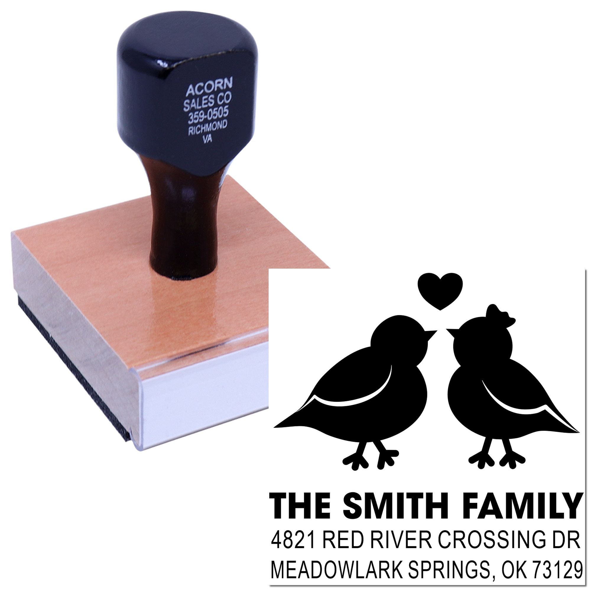 Custom rubber stamp with self-inking handle and personalized bird family address design, ideal for mailing envelopes, cards, business use and crafts.