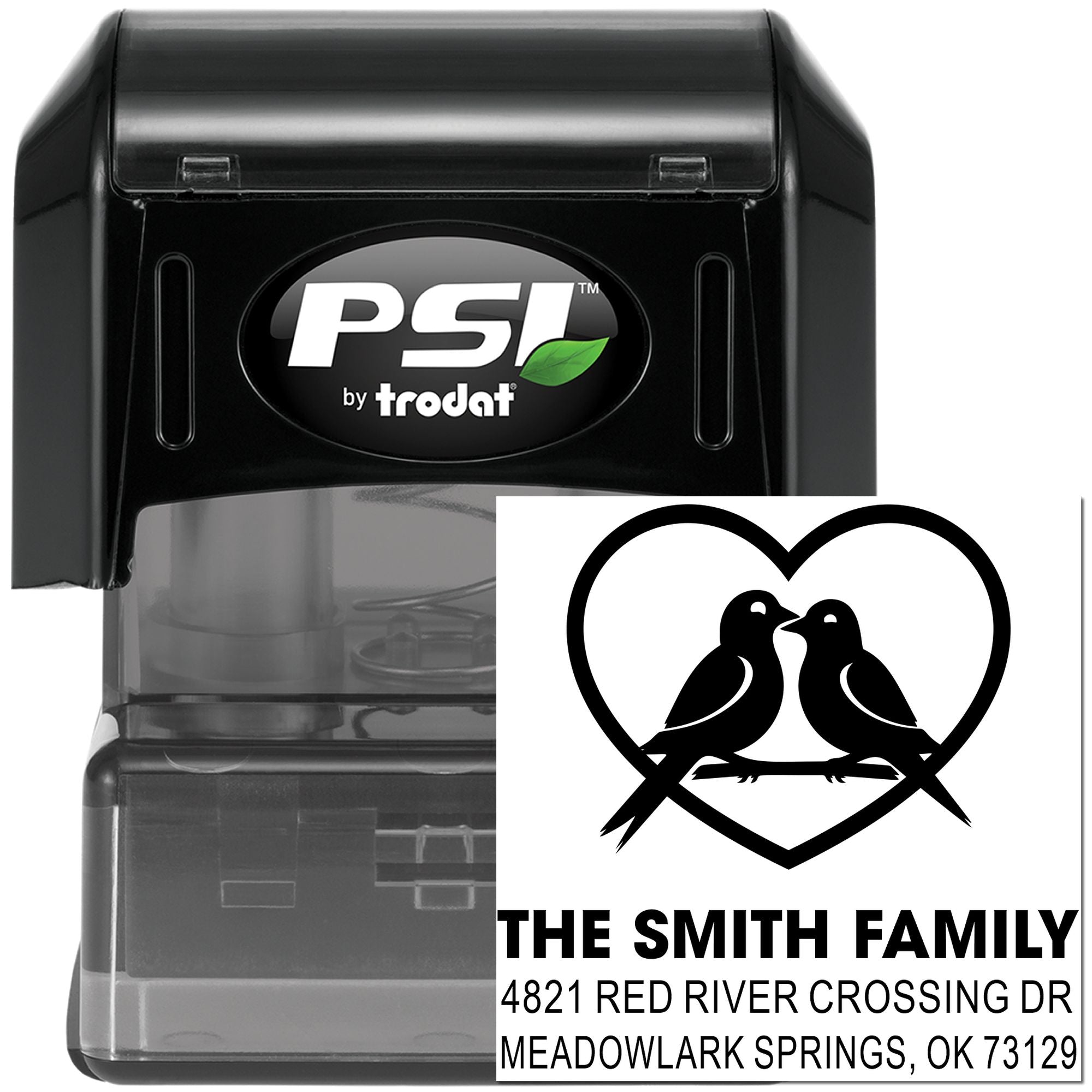 Custom self-inking address stamp with dove heart family design, PSI by Trodat rubber stamp, personalized return address for mail and stationery