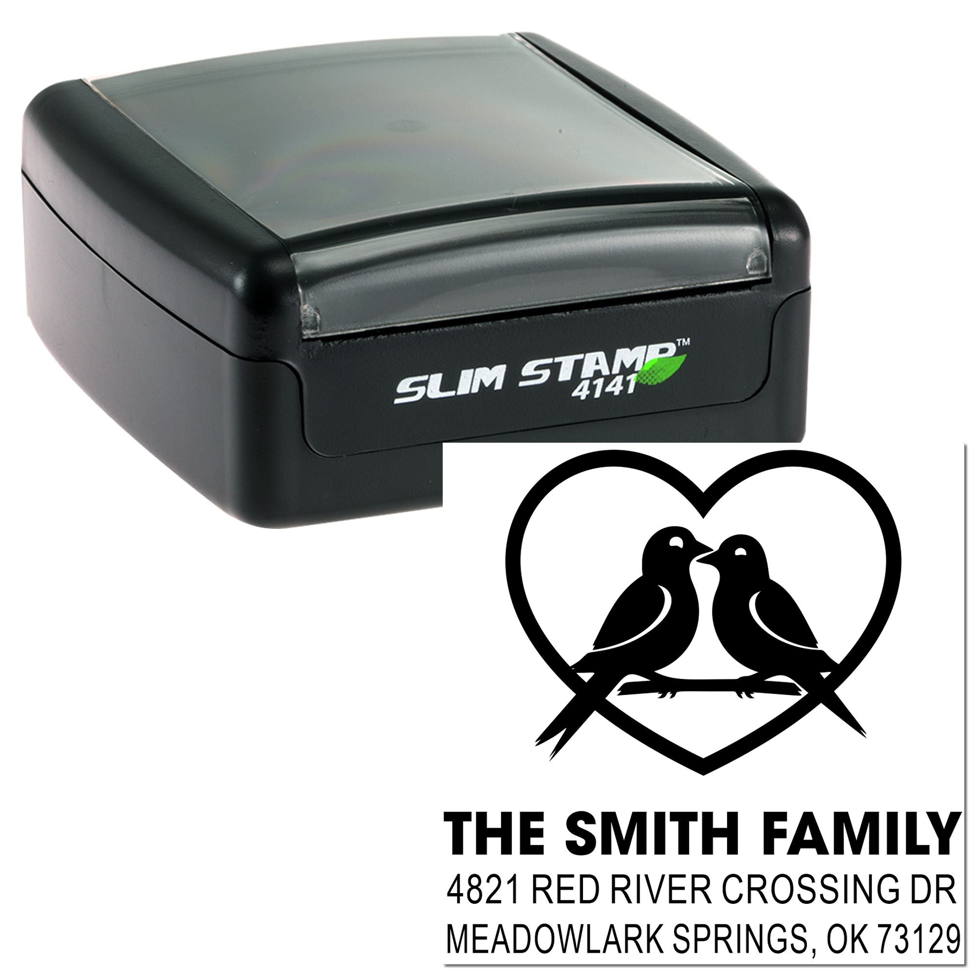Slim Stamp 4141 custom rubber address stamp with heart and birds design, personalized family name, street address, city, and ZIP code