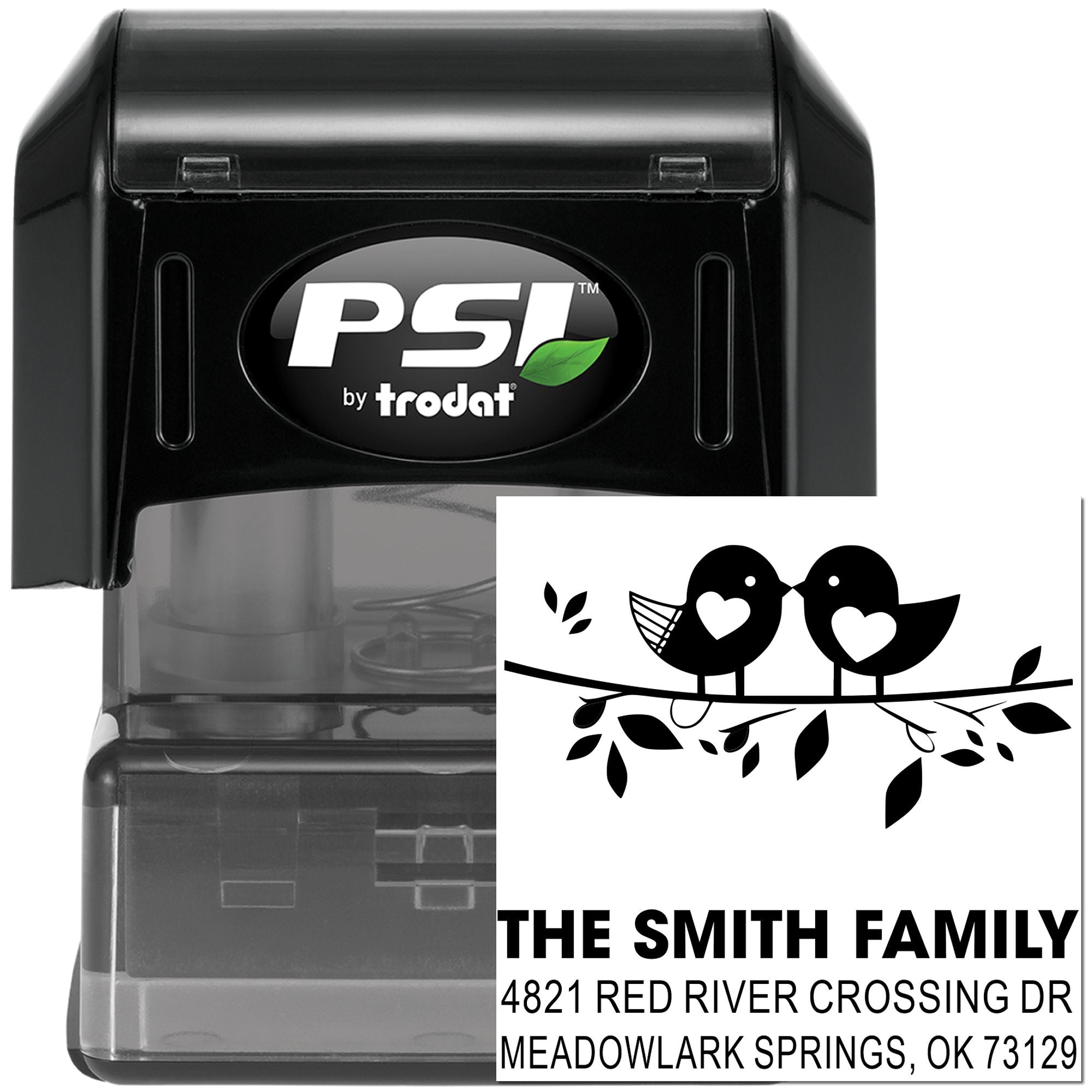 Custom self-inking address stamp by PSI Trodat with bird design, Smith family name, and return address for personalized mailing labels.