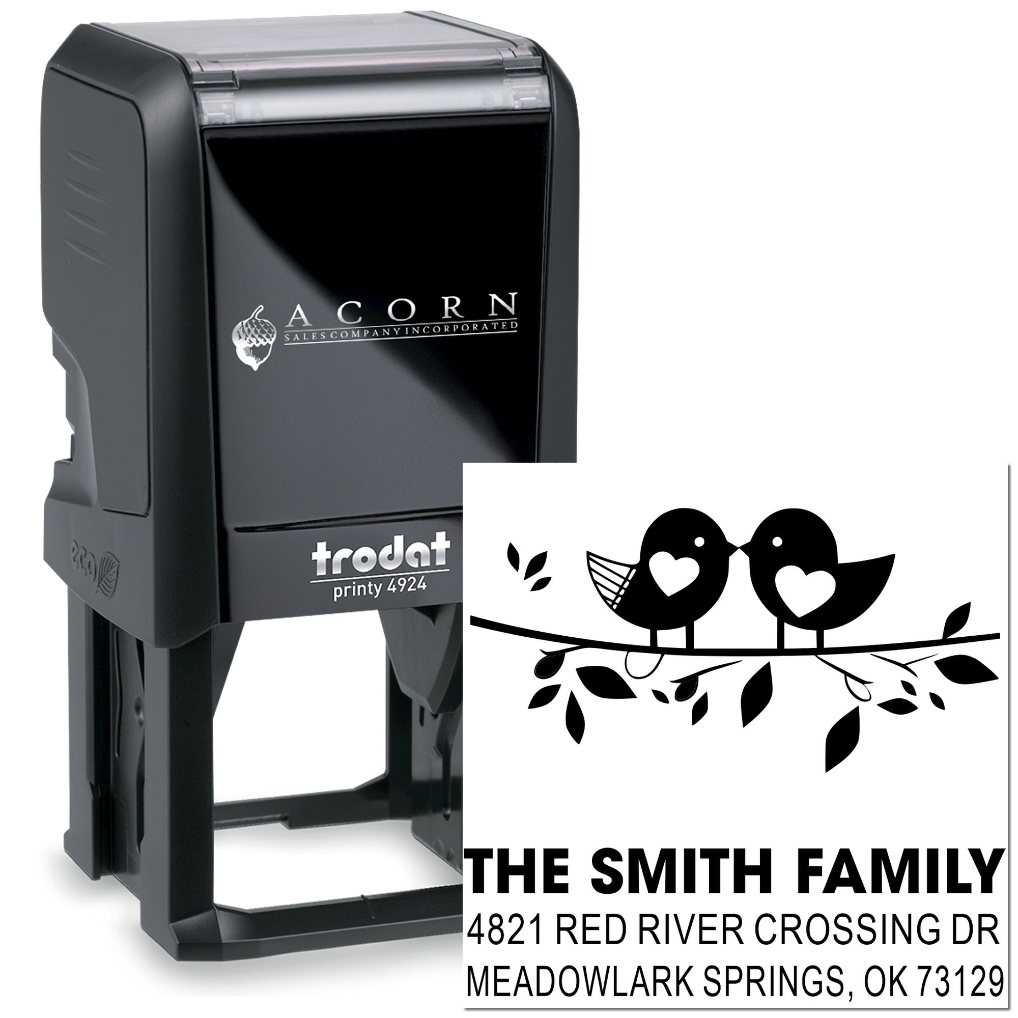 Custom self-inking rubber address stamp with Trodat Printy 4924, featuring bird design and family return address for personalized mailing.