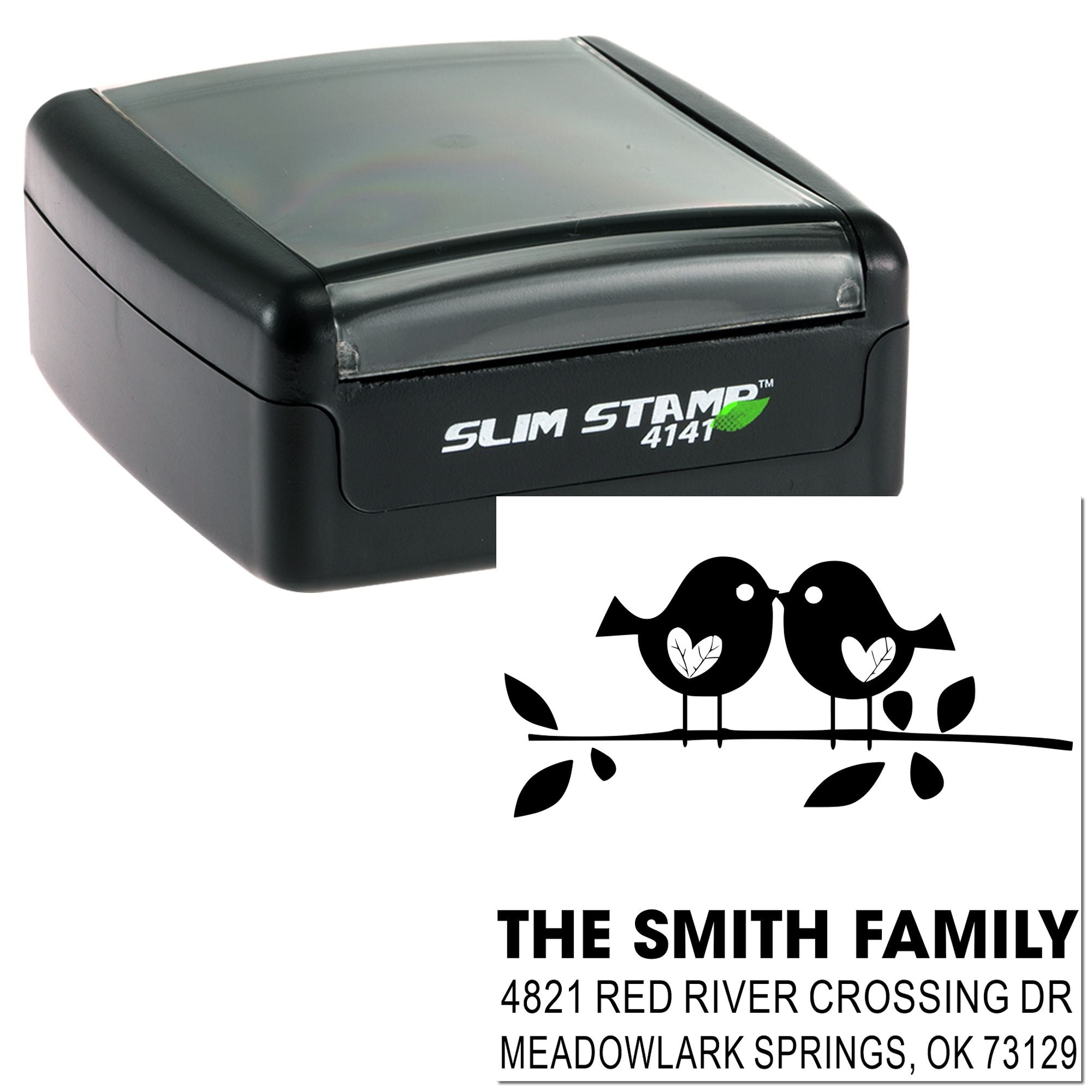 Slim Stamp 4141 self-inking rubber stamp with custom family address design featuring birds, ideal for personalized return addresses and mailings