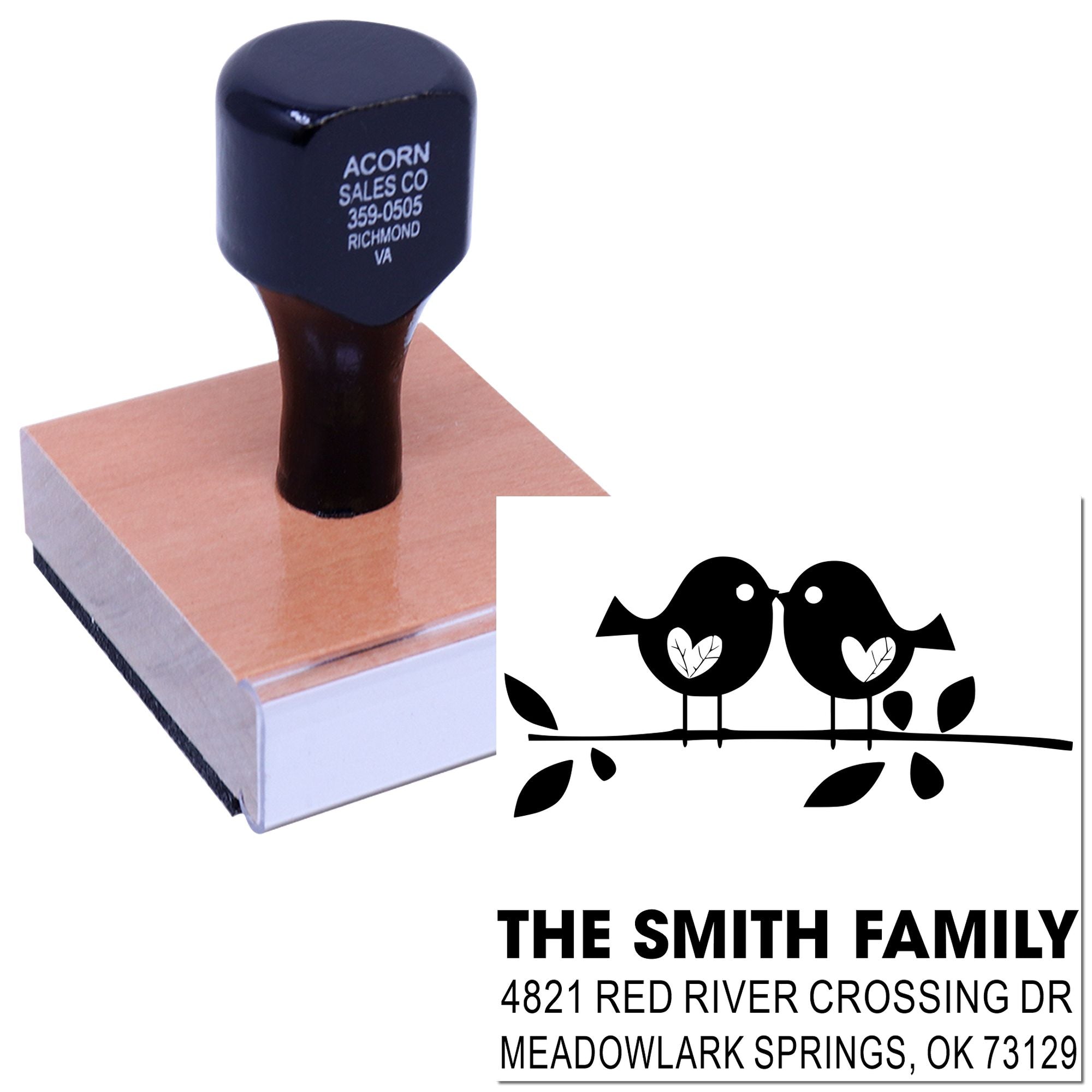 Custom self-inking rubber stamp with bird design and return address for The Smith Family, ideal for personalized mailing and craft projects.