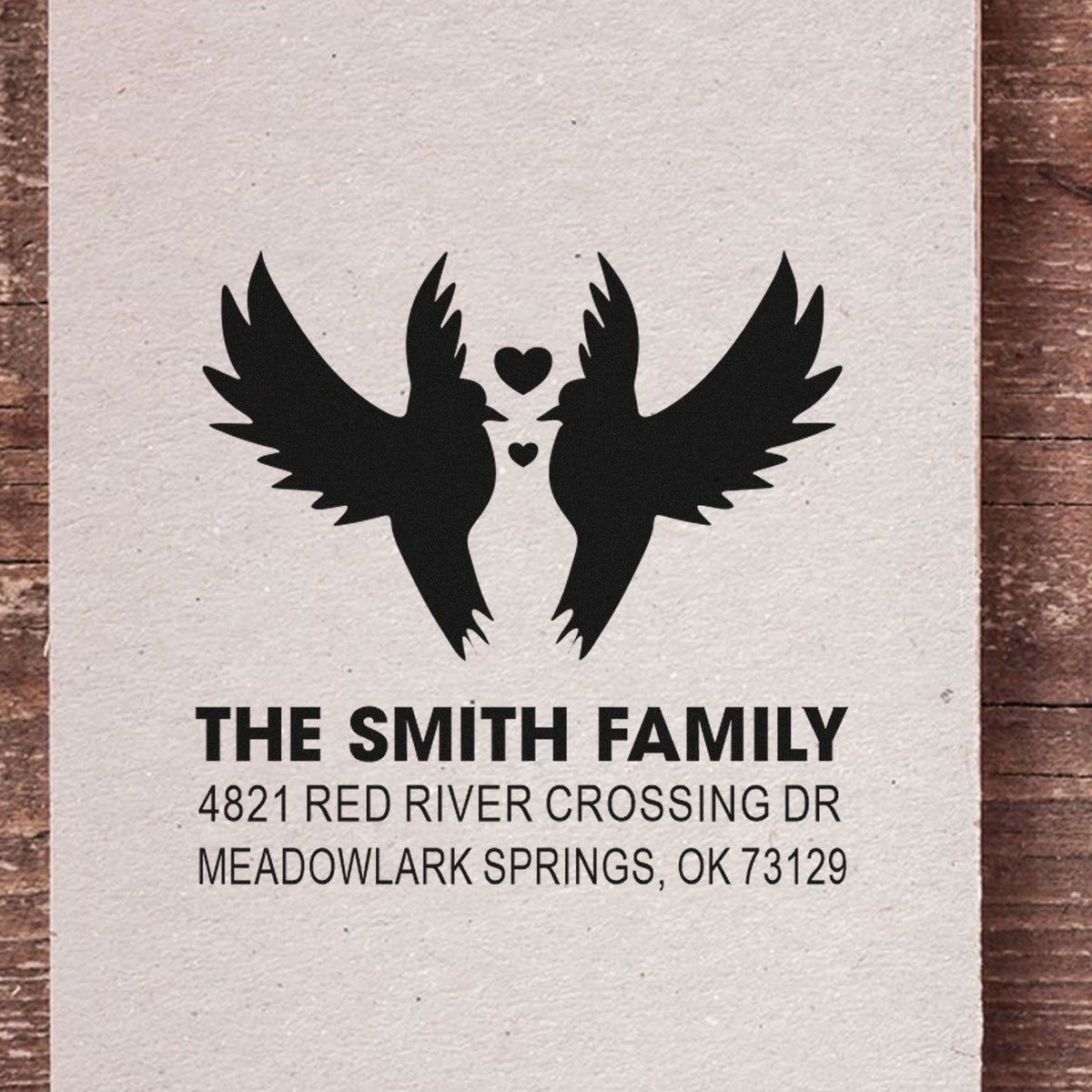 Personalized return address rubber stamp with twin flying doves, heart accents, and custom Smith family name and mailing address design for home use