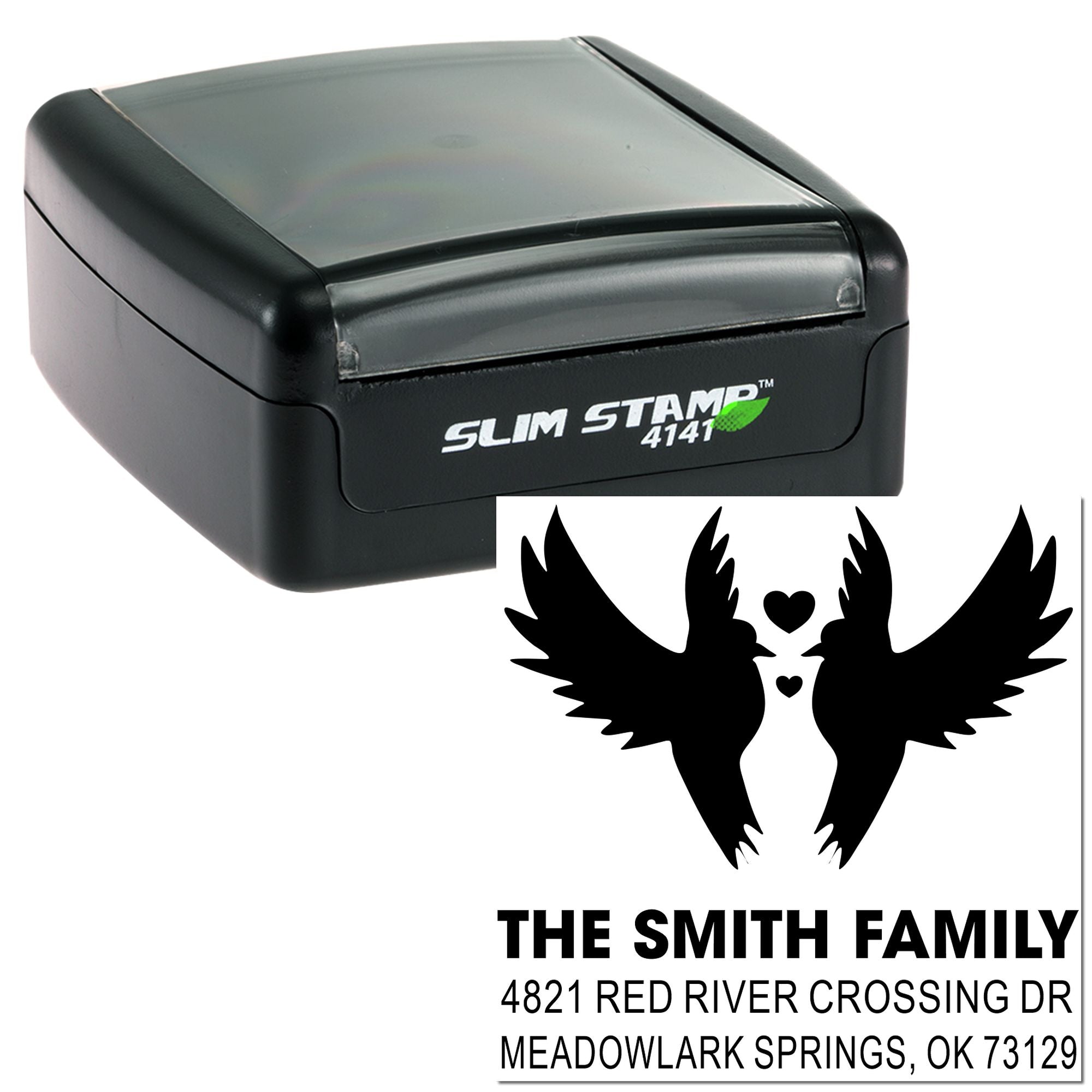 Custom self-inking rubber stamp with Slim Stamp 4141, personalized Smith family return address, bird-and-heart design for envelopes and mailings
