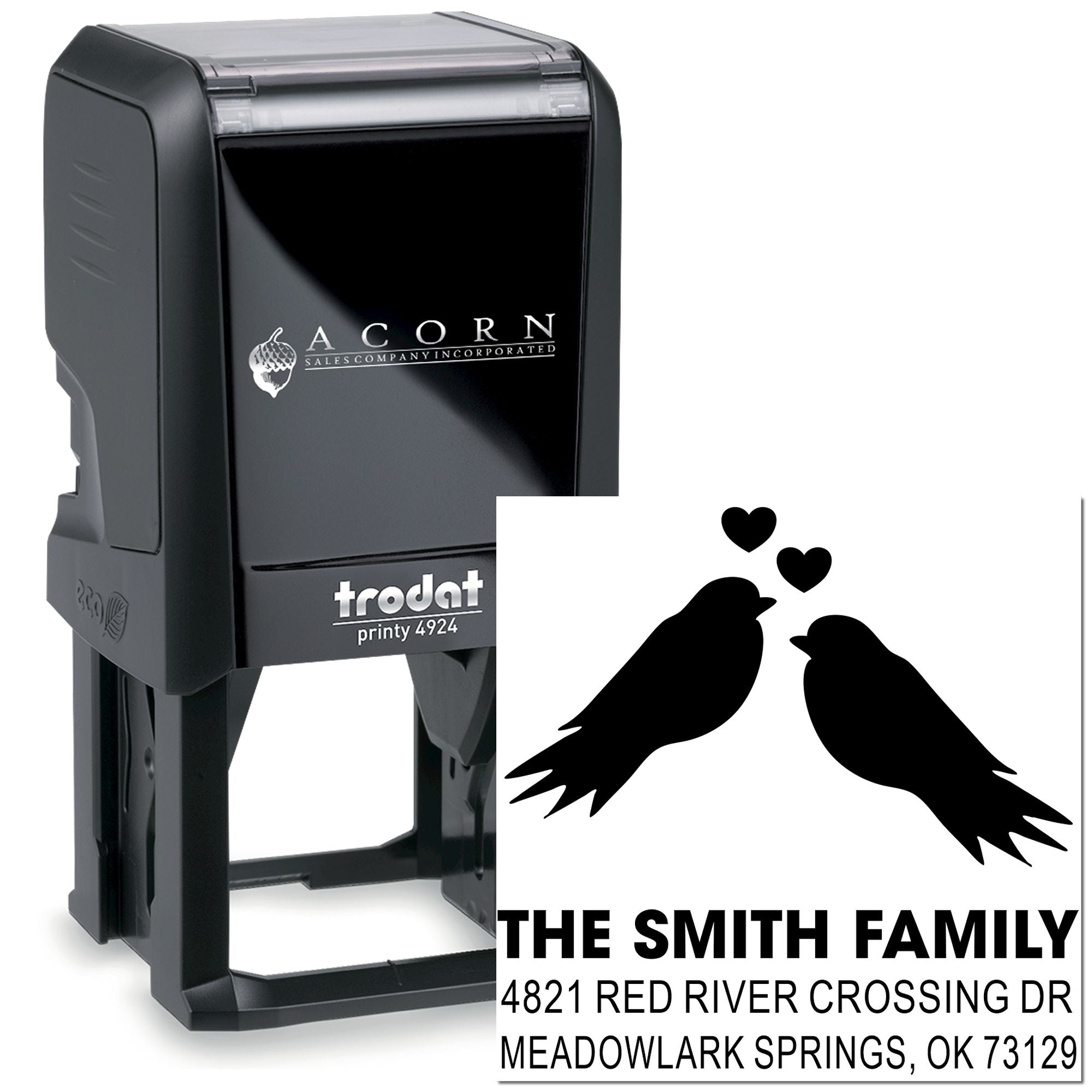 Custom black self-inking rubber stamp with two birds and hearts, personalized family return address stamp for The Smith Family, Trodat Printy 4924.