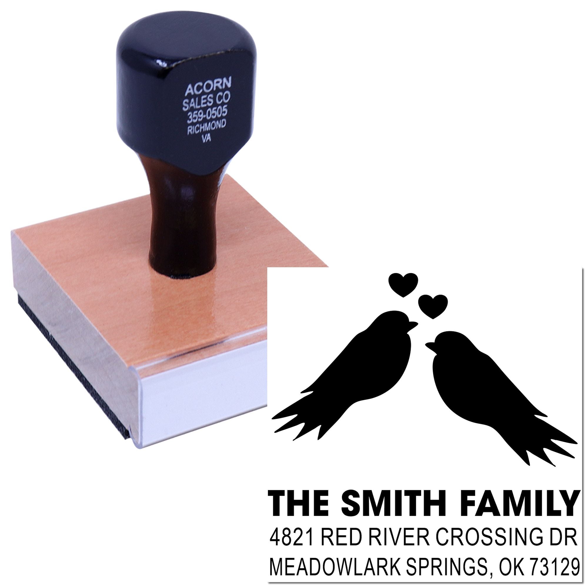 Custom rubber address stamp with birds and hearts design, personalized family name stamp for mailing envelopes, weddings, and home use.
