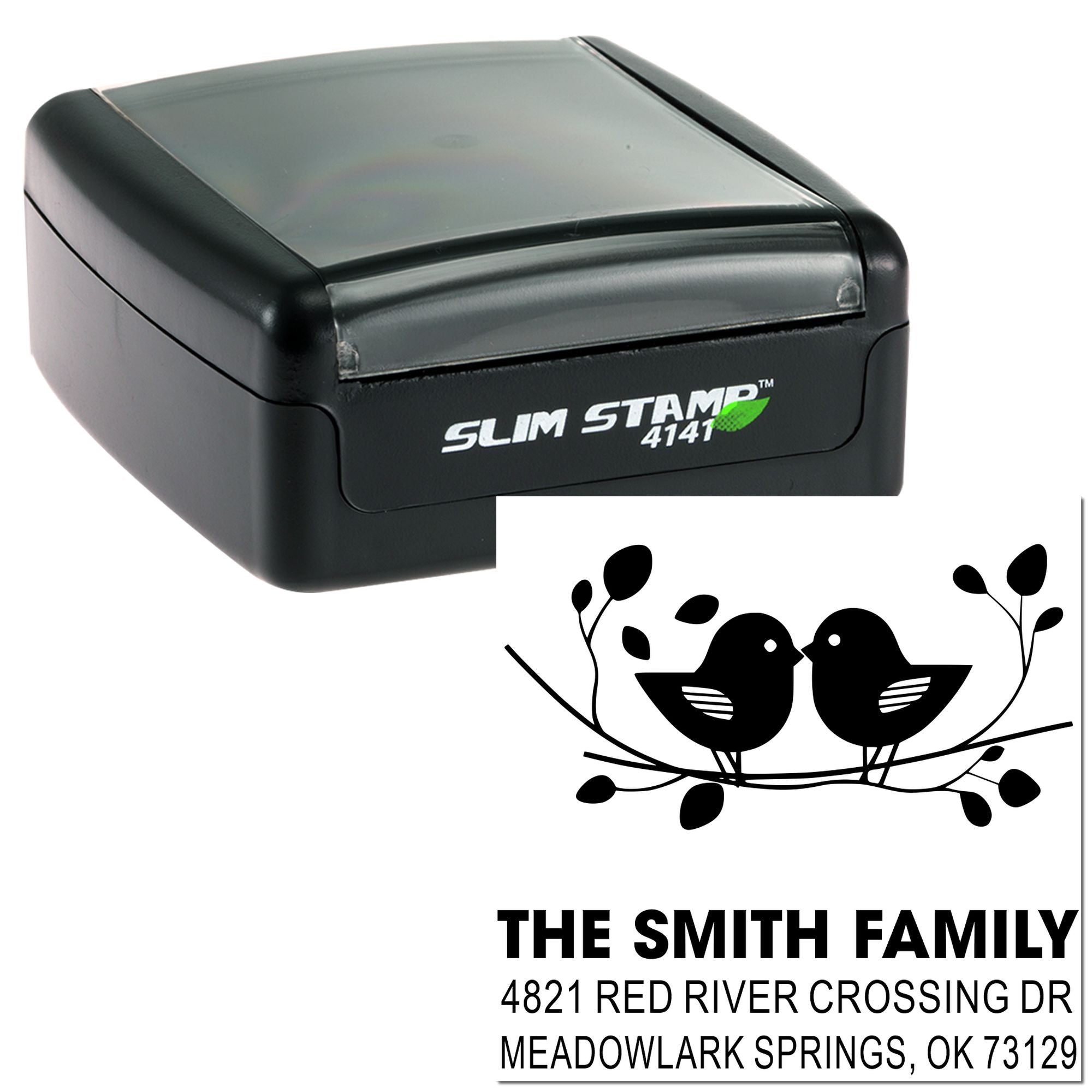 Custom self-inking Slim Stamp 4141 rubber address stamp with bird branch design, personalized Smith family return address for home and mailing use