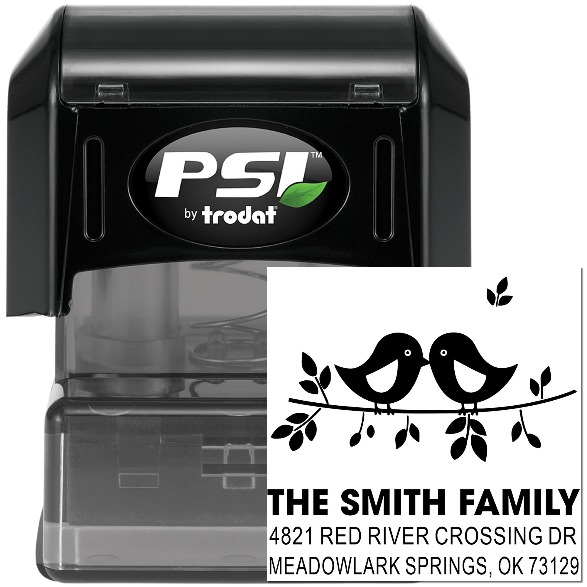 Custom self-inking rubber stamp with bird design, family name and address, PSI by Trodat, ideal for personalized return address mailing and printing