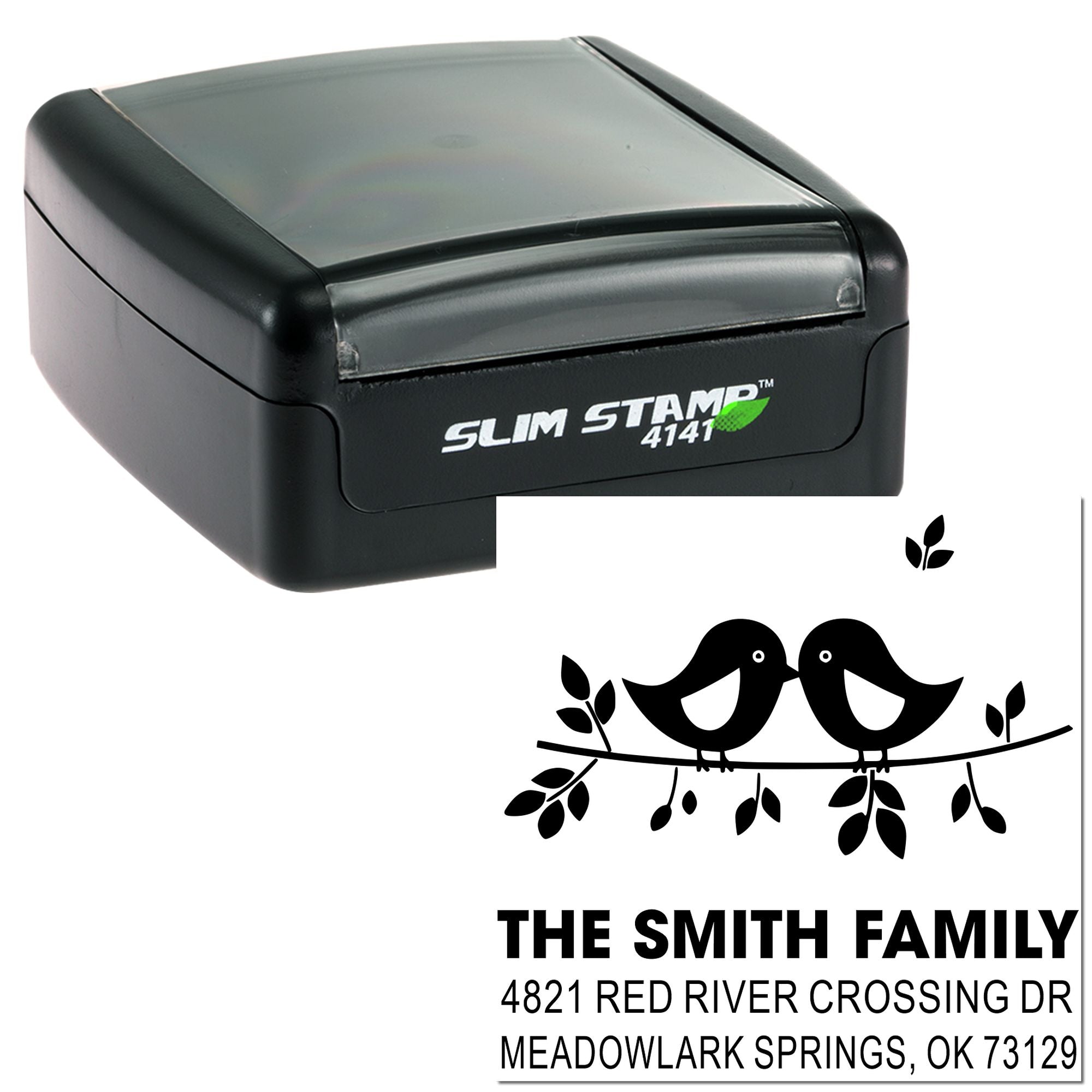 Custom Slim Stamp 4141 self-inking rubber stamp with bird design and The Smith Family return address, ideal for personalized mailing