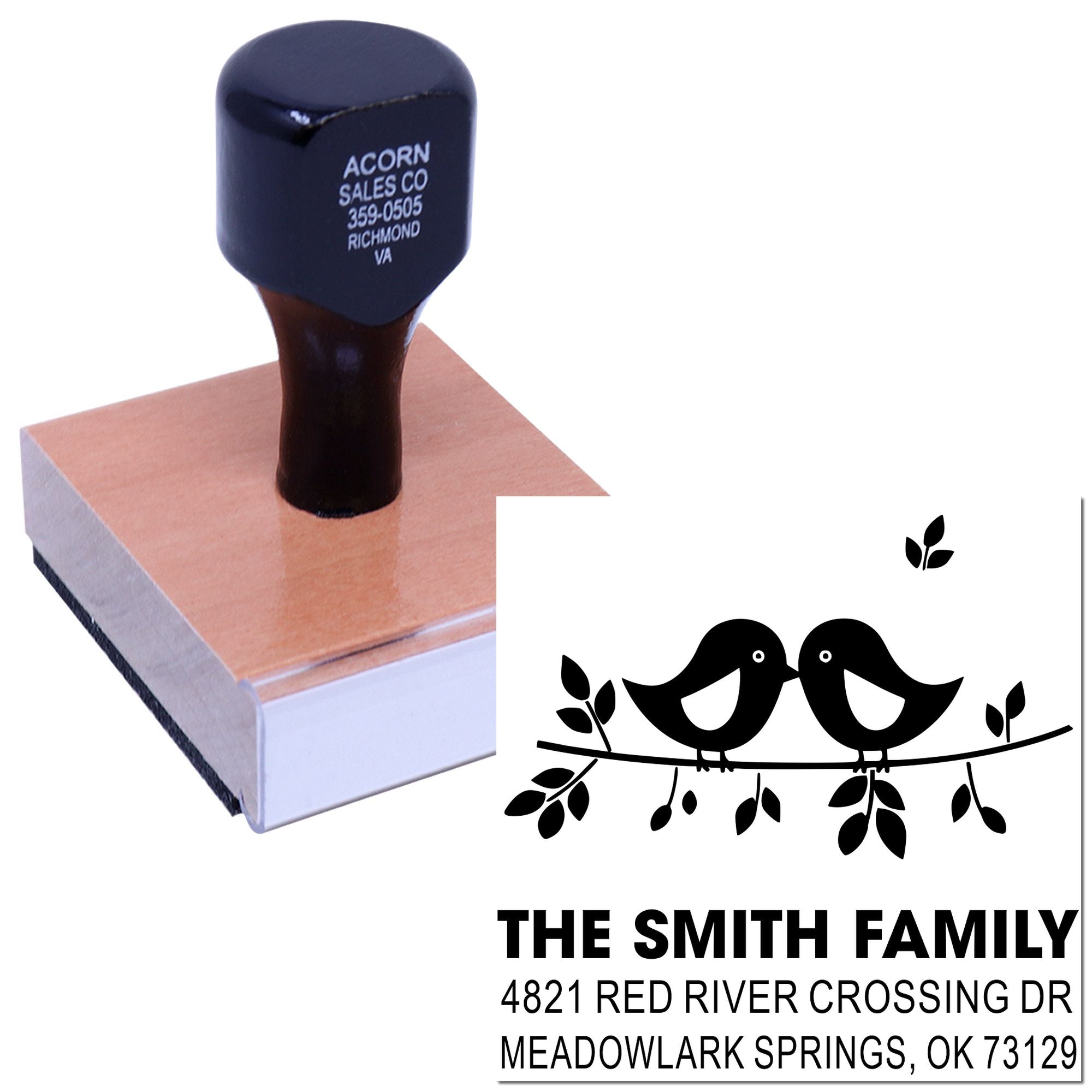 Custom rubber address stamp with two birds design, The Smith Family name, and personalized mailing address for home and return envelopes.